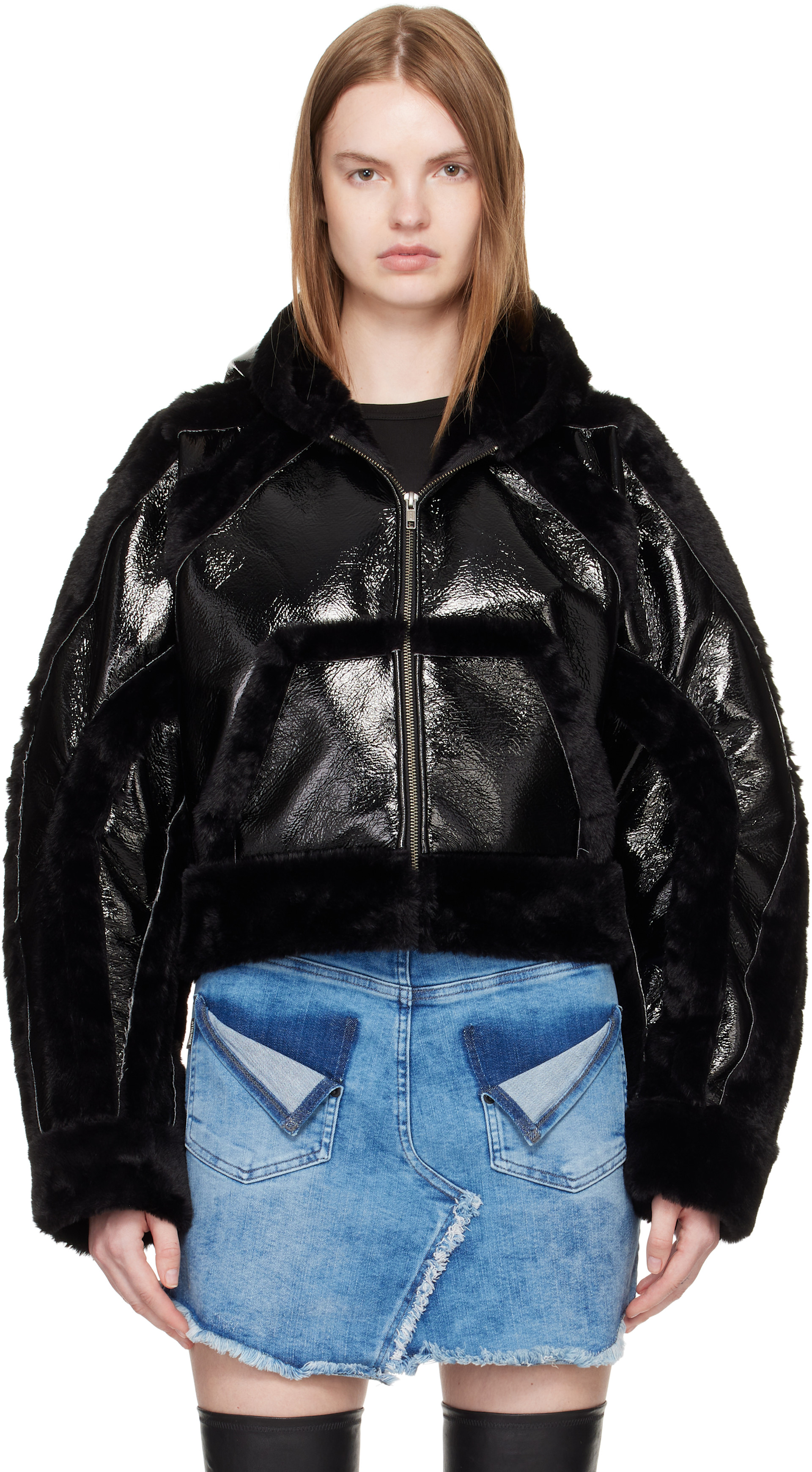 Ottolinger: Black Fitted Multiline Faux-Fur Jacket | SSENSE
