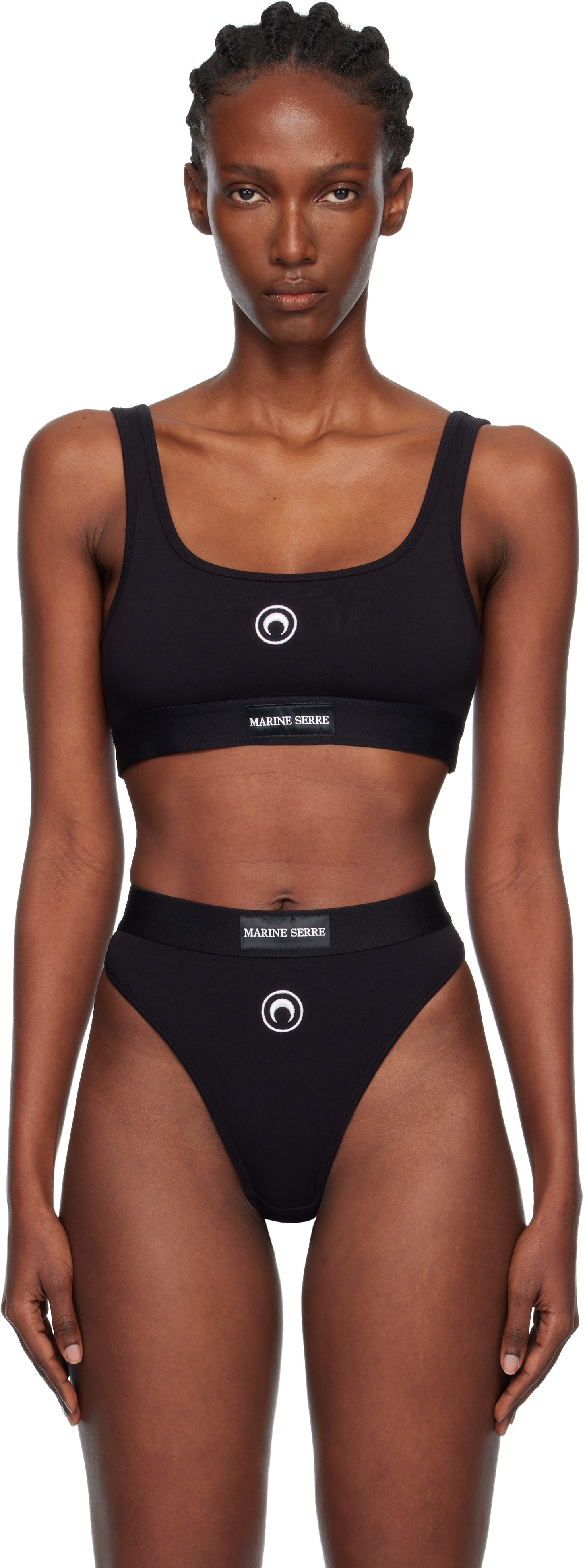 Marine Serre: Black Moon Logo Stretched Jersey Sport Bra | SSENSE