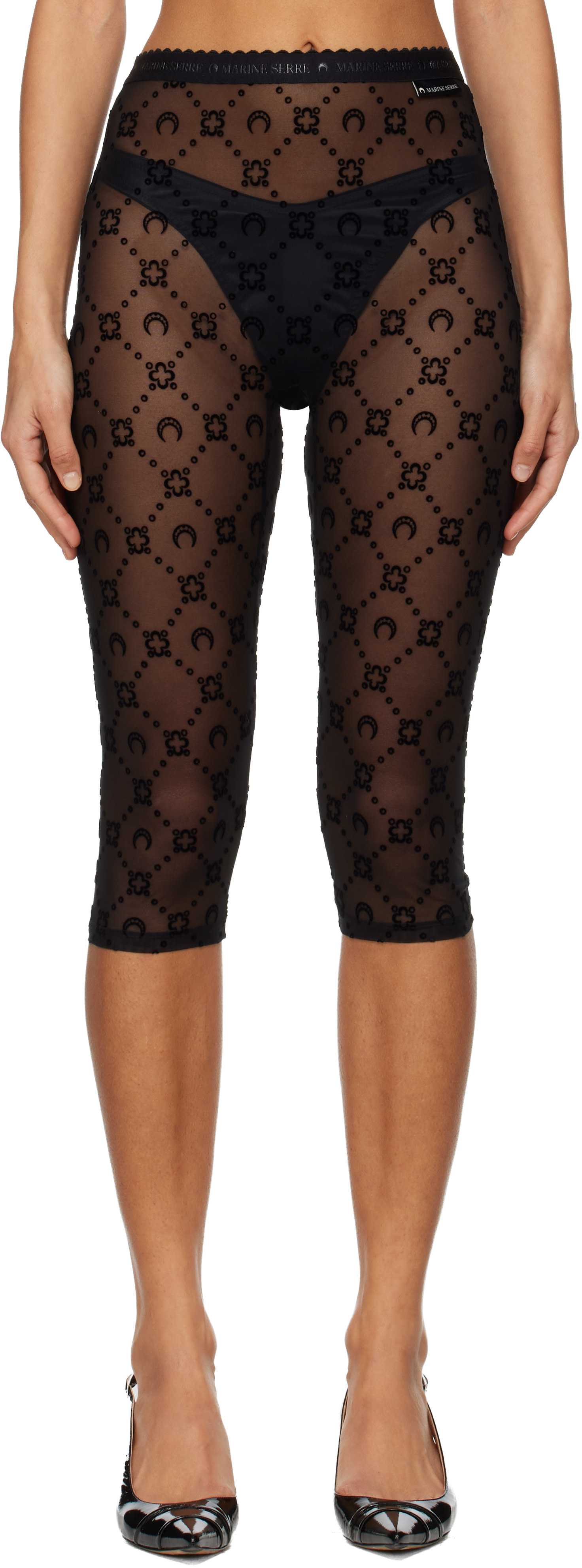 Marine Serre: Black Moonogram Mesh Flock Capri Leggings | SSENSE