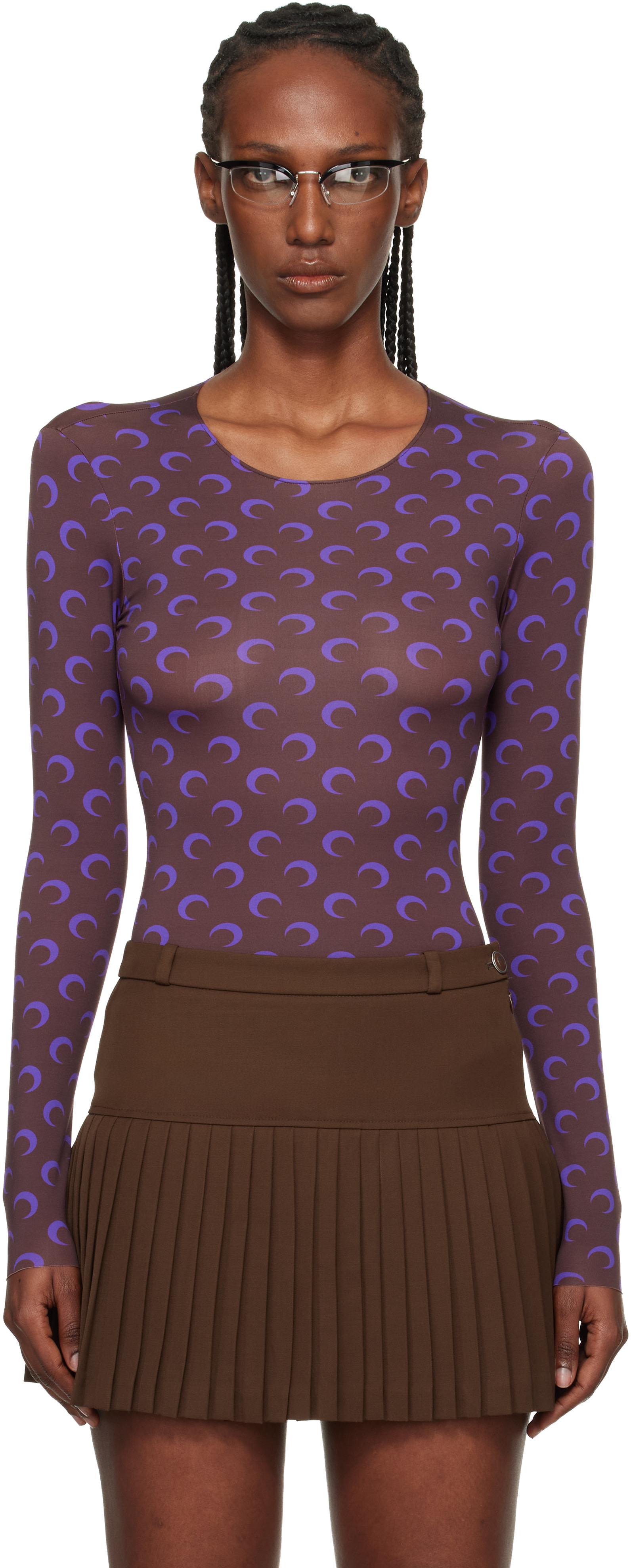 MARINE SERRE 長袖 Tシャツ ブラウン・パープル Marine Serre: Brown & Purple Moon Printed Jersey LS T-shirt | SSENSE