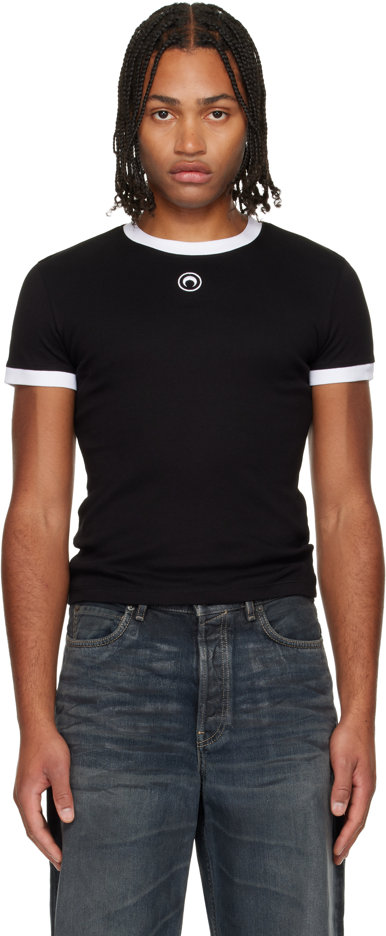 Marine Serre: Black Moon Logo Bicolor Jersey Baby Fit T-shirt | SSENSE