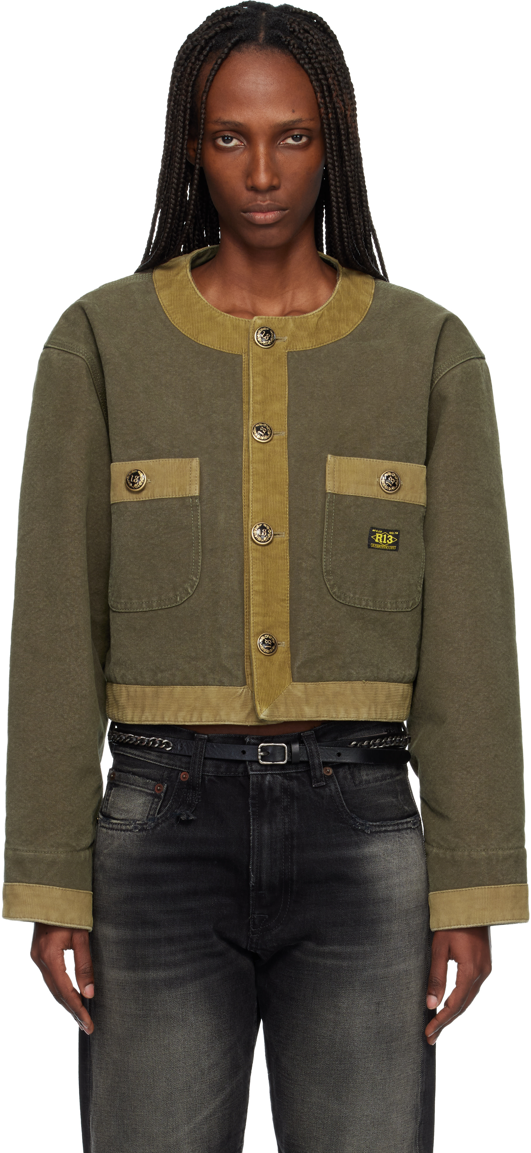 R13: Khaki Cord Trimmed Cropped Chore Jacket | SSENSE