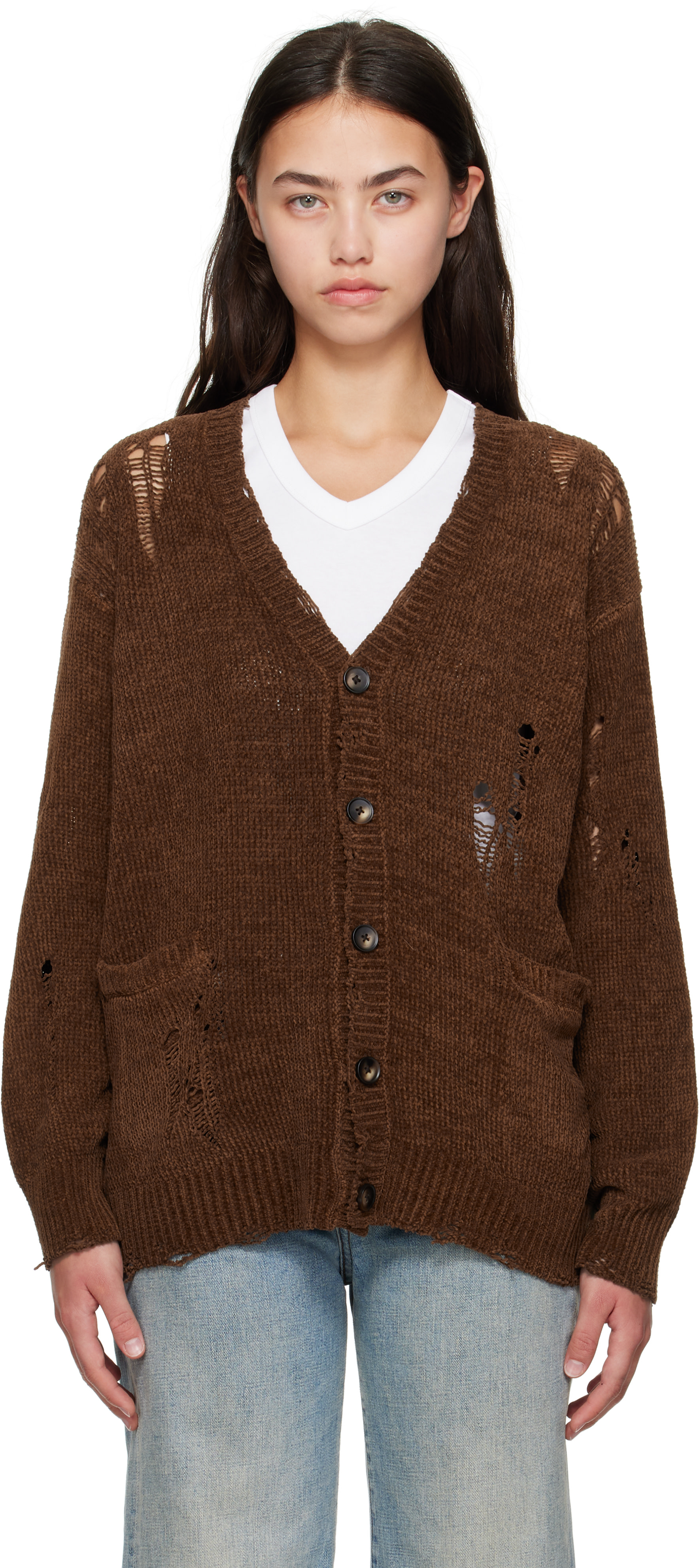 R13: Brown Chenille Boyfriend Cardigan | SSENSE
