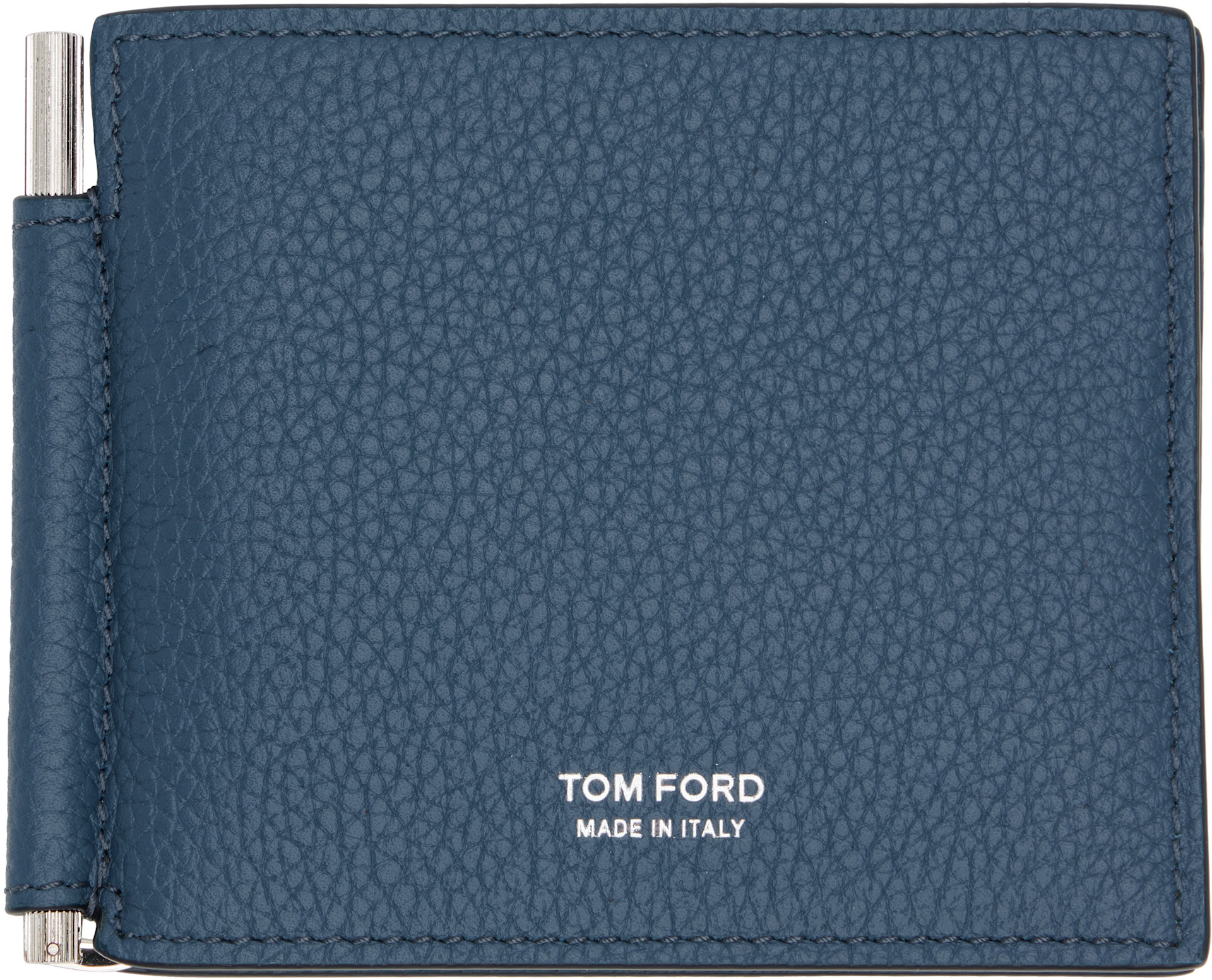 TOM FORD: Blue Grain Leather Money Clip Wallet | SSENSE Canada
