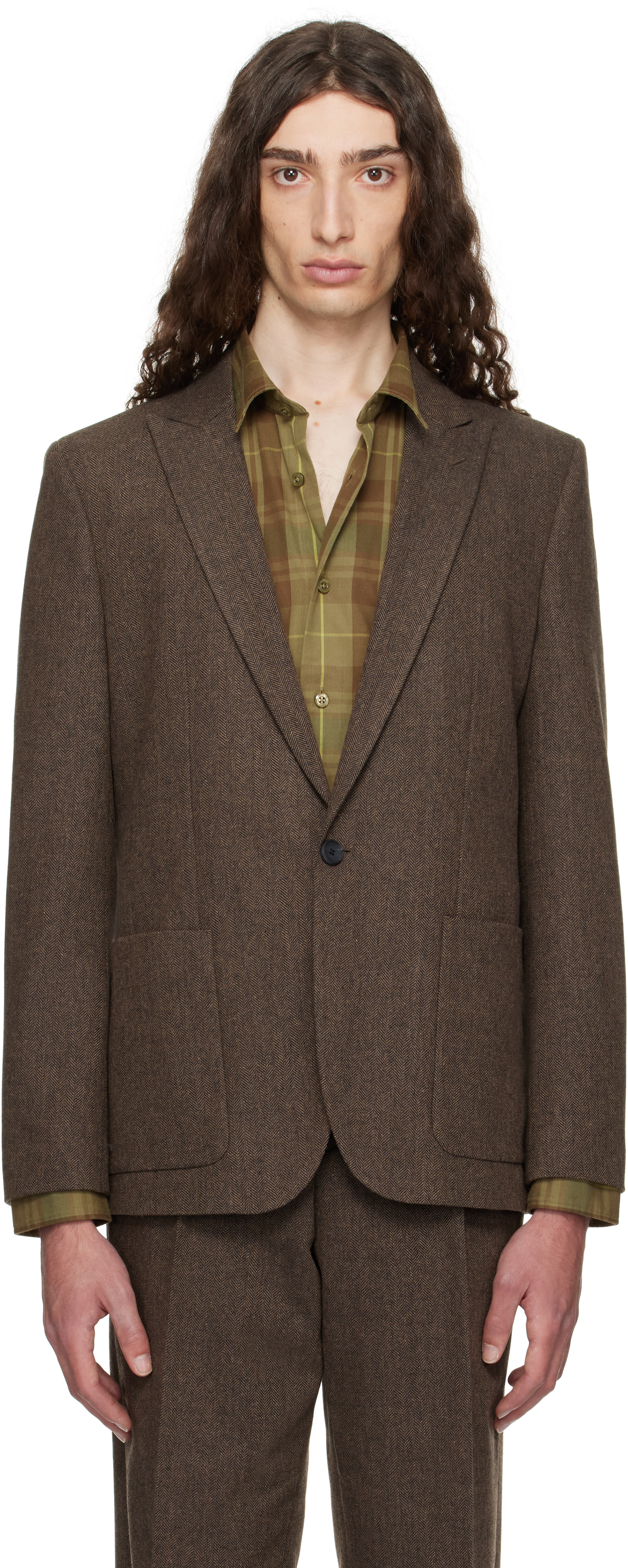 Hugo: Brown Extra-Slim-Fit Herringbone Blazer | SSENSE