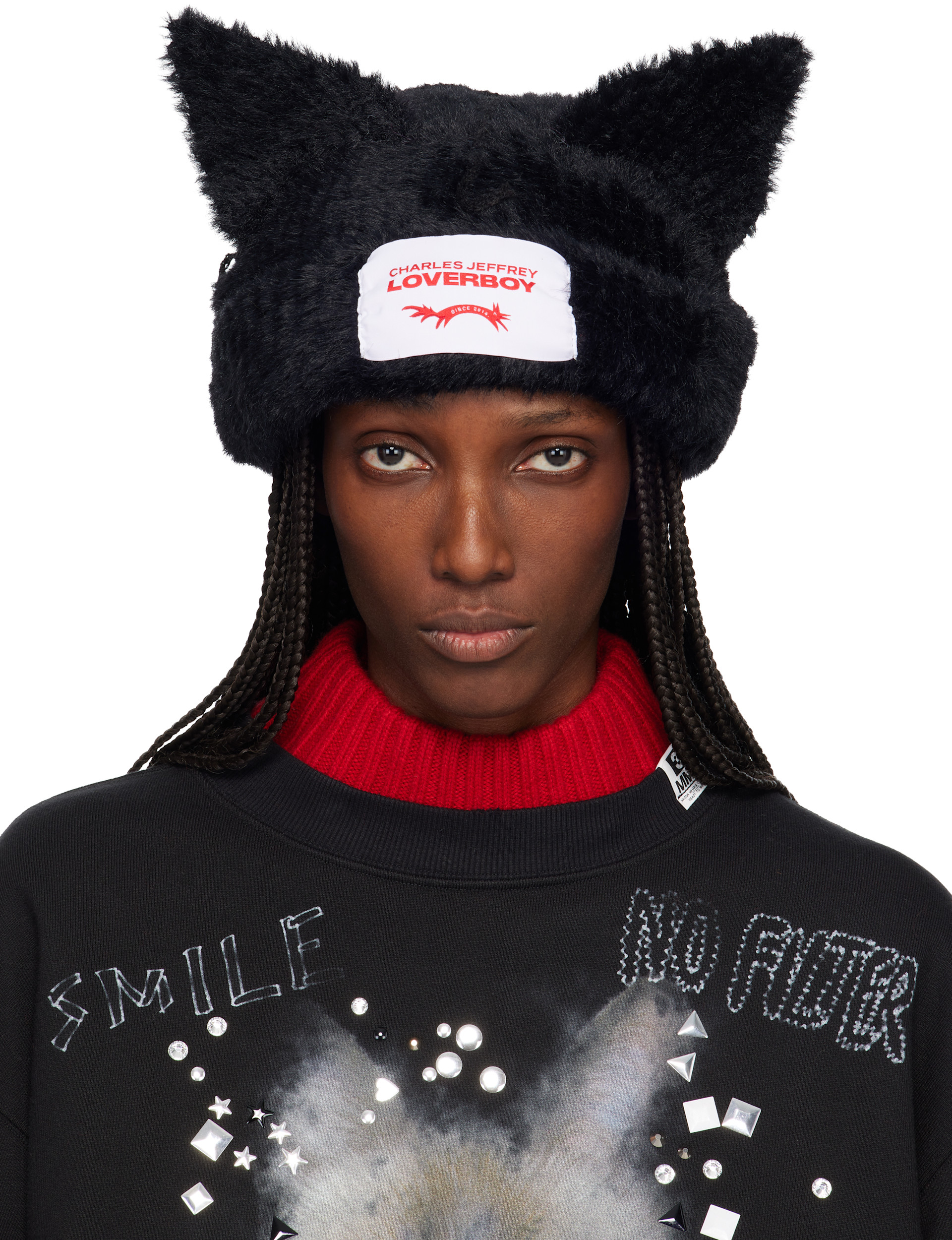 Charles Jeffrey LOVERBOY: Black Fluffy Chunky Ears Beanie | SSENSE