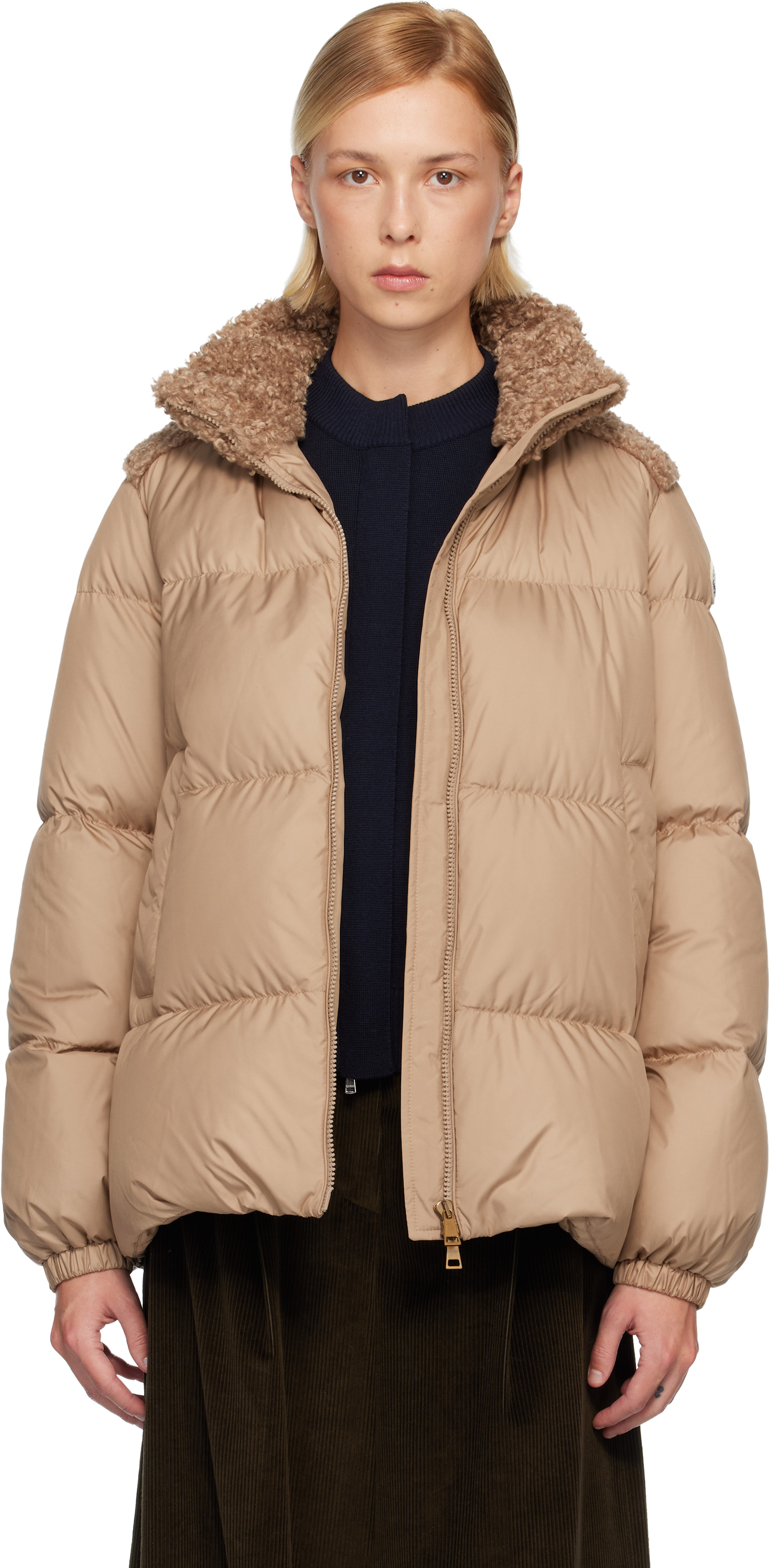 Moncler: Beige Esnaie Teddy-Trimmed Short Down Jacket | SSENSE