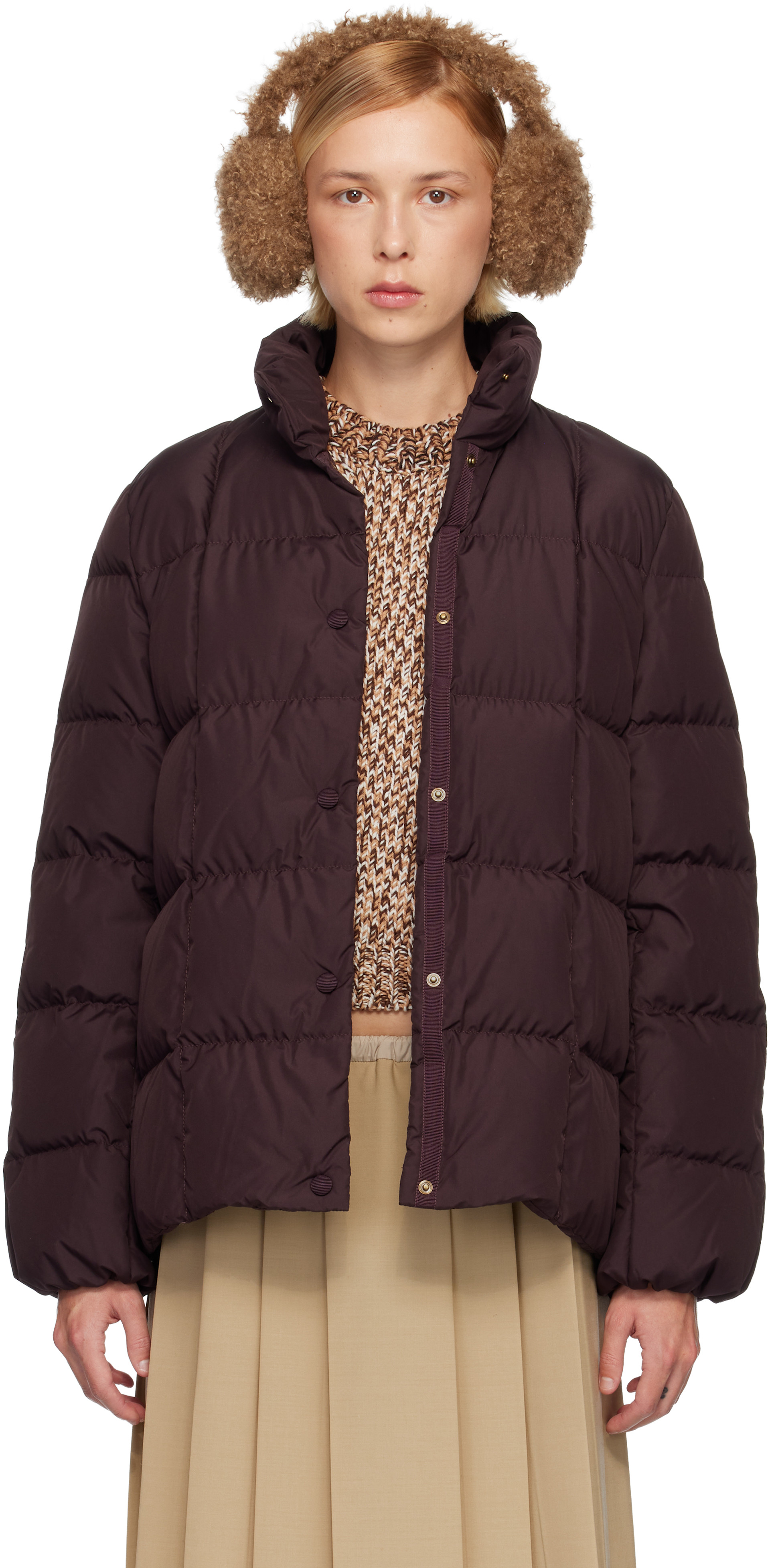 Moncler: Burgundy Cochevinne Square-Quilted Short Down Jacket | SSENSE
