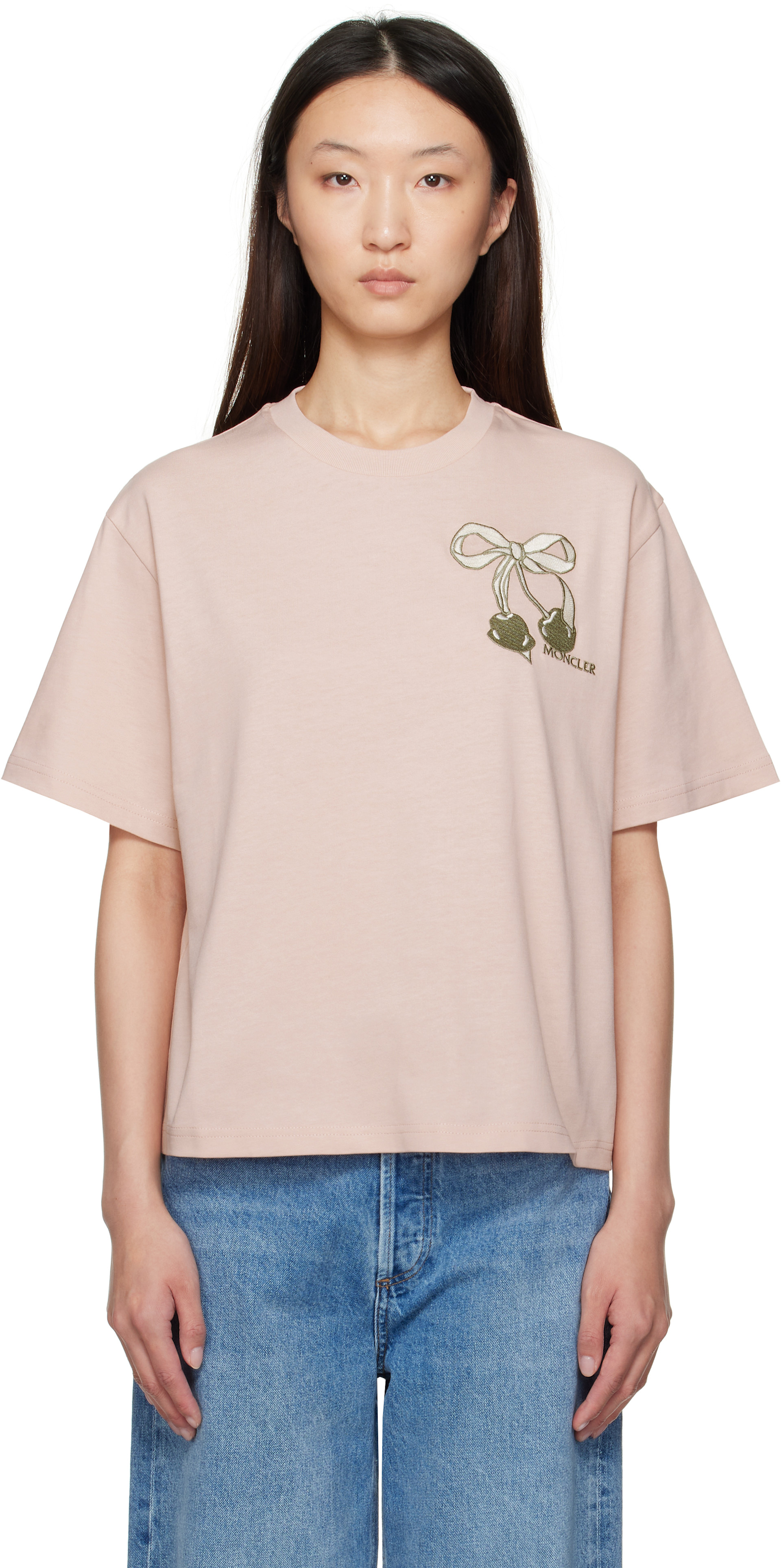 Moncler: Pink Embroidered Cherry Logo Cotton T-shirt | SSENSE