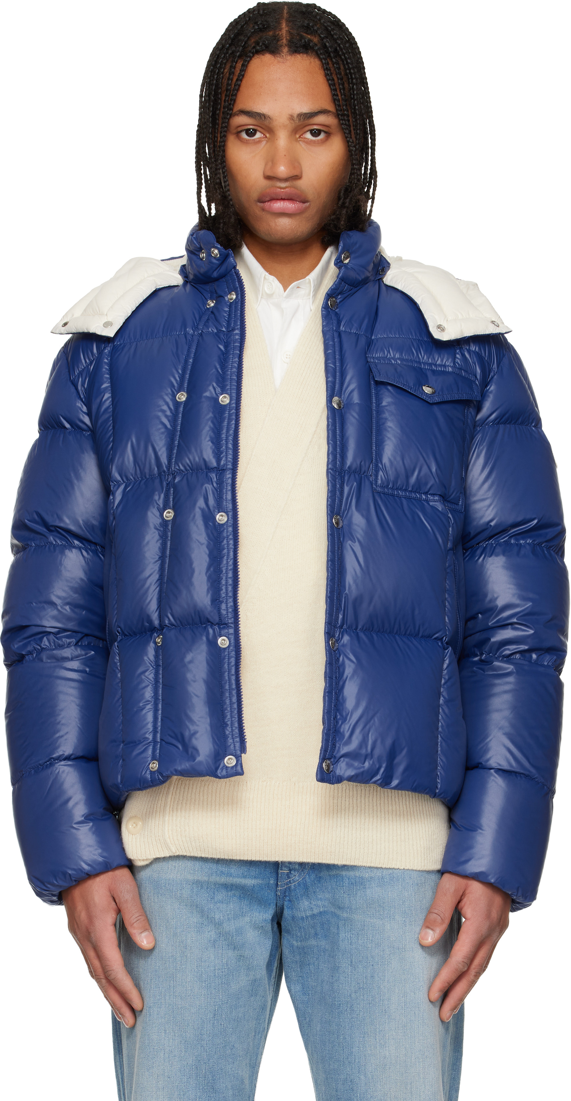 Moncler: Blue Serfanto Hooded Short Down Jacket | SSENSE