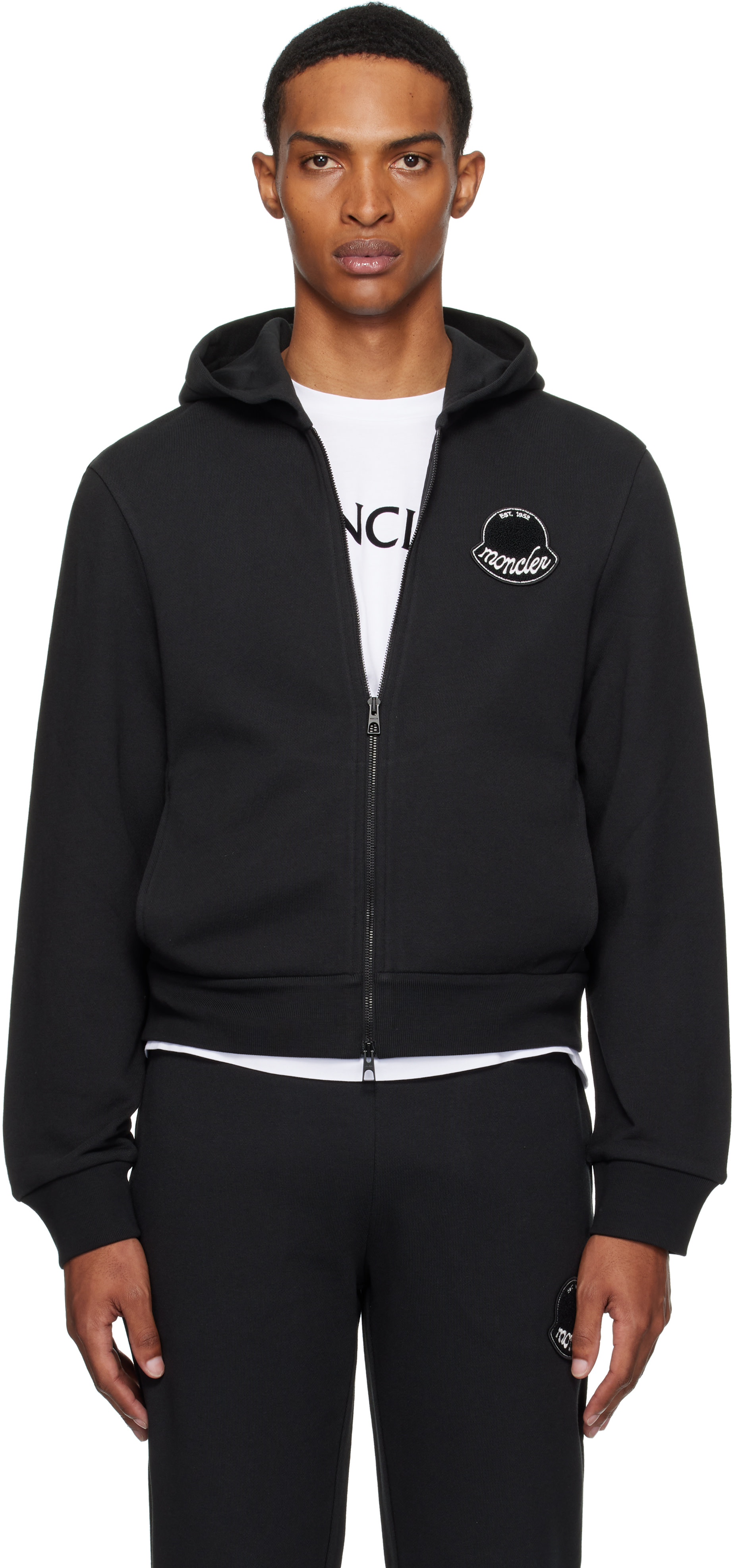 Moncler: Black Logo Cotton Zip-Up Hoodie | SSENSE Canada