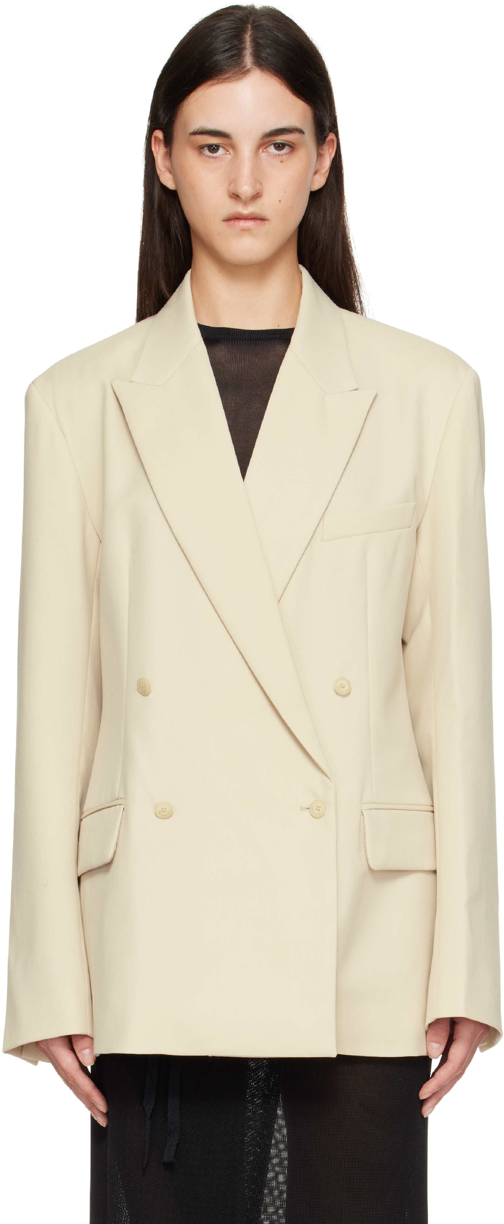 The Frankie Shop: Beige Newark Double Breasted Blazer | SSENSE