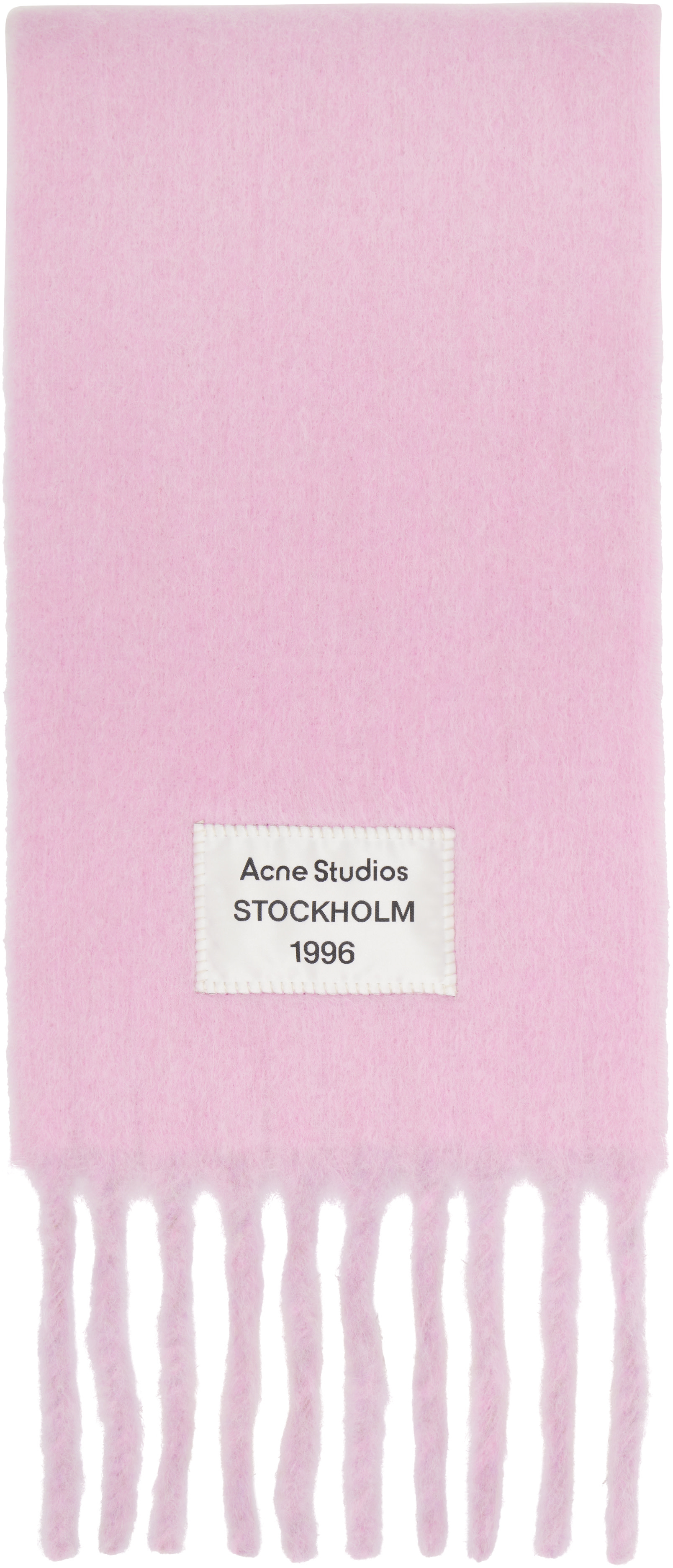 Acne Studios: ピンク フリンジ ロゴラベル マフラー | SSENSE 日本