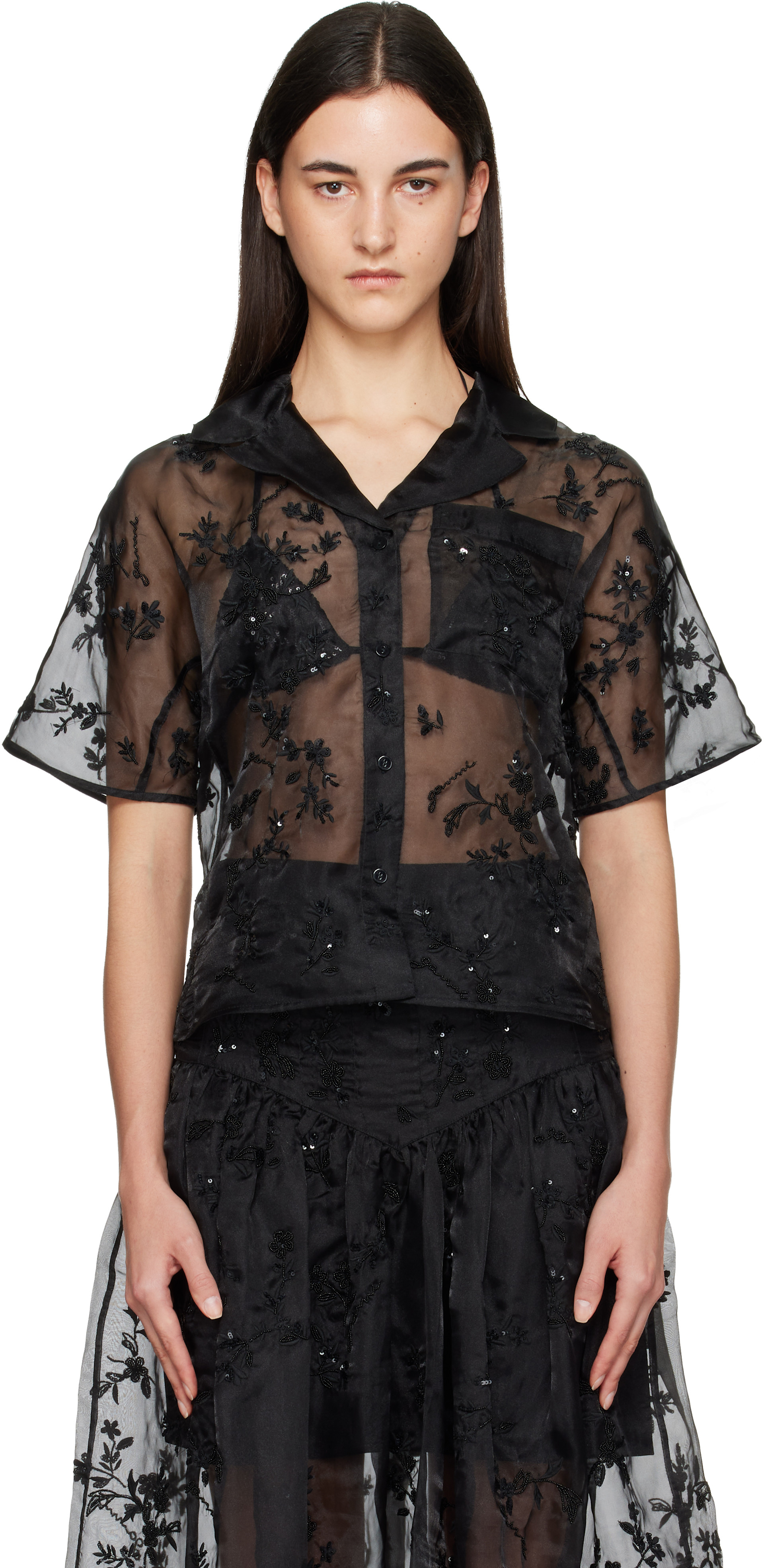 GANNI: Black Embellished Organza Shirt | SSENSE