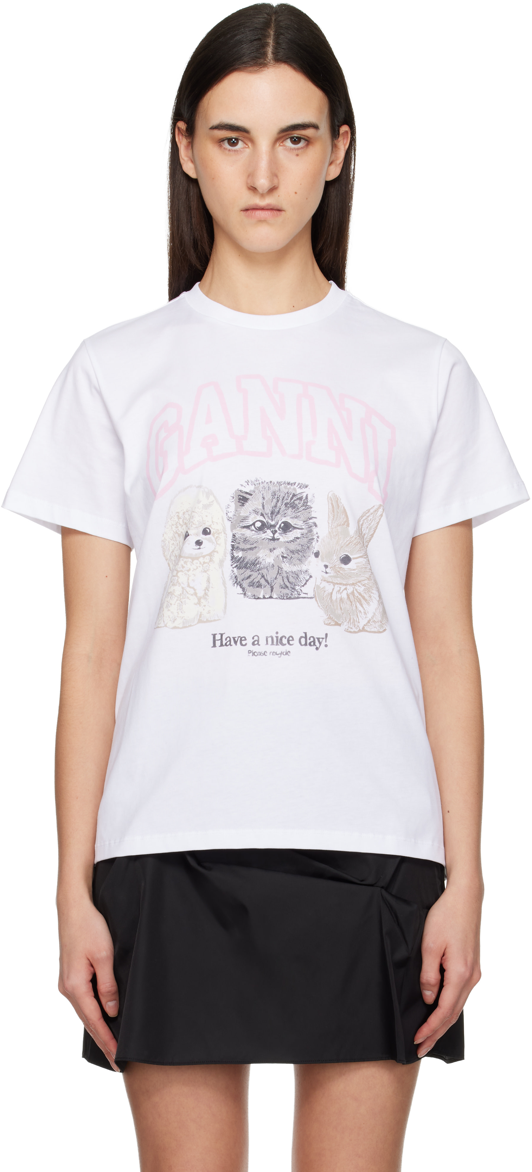 GANNI アニマル プリント Tシャツ ホワイト GANNI: White Animal Print T-shirt | SSENSE