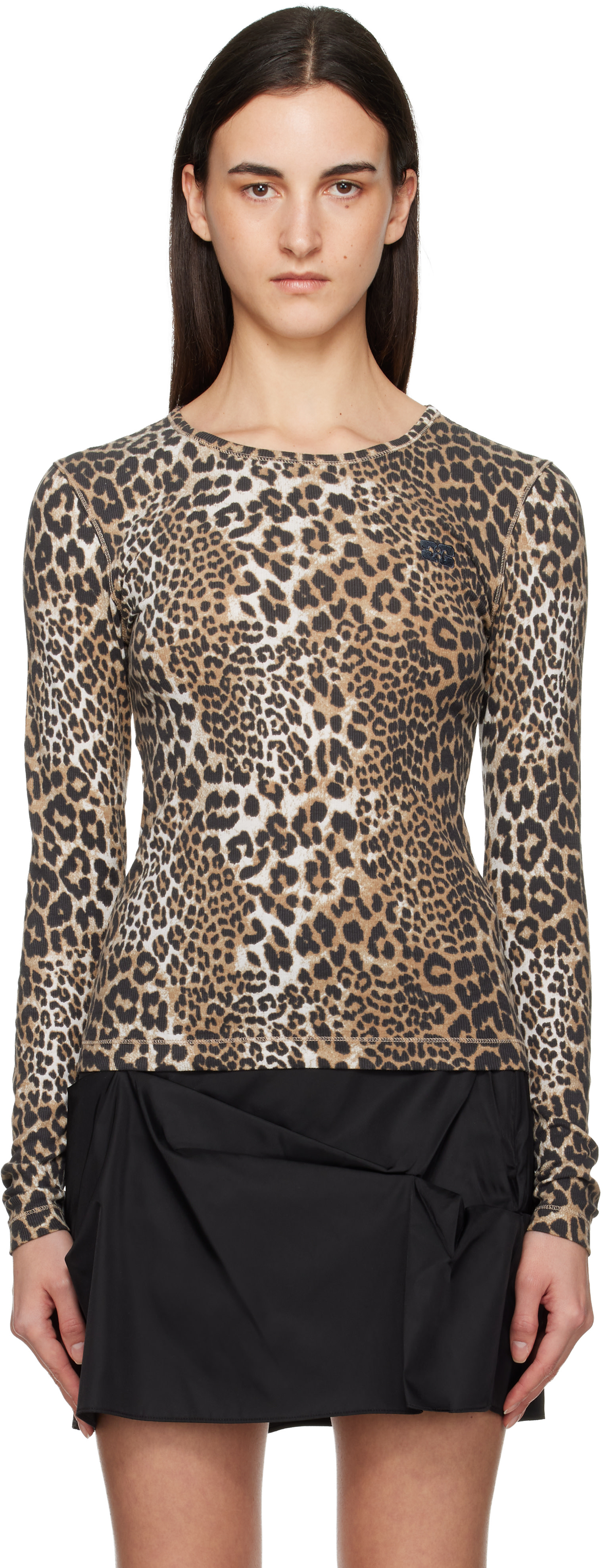 GANNI: Multicolor Leopard Rib Long Sleeve T-shirt | SSENSE
