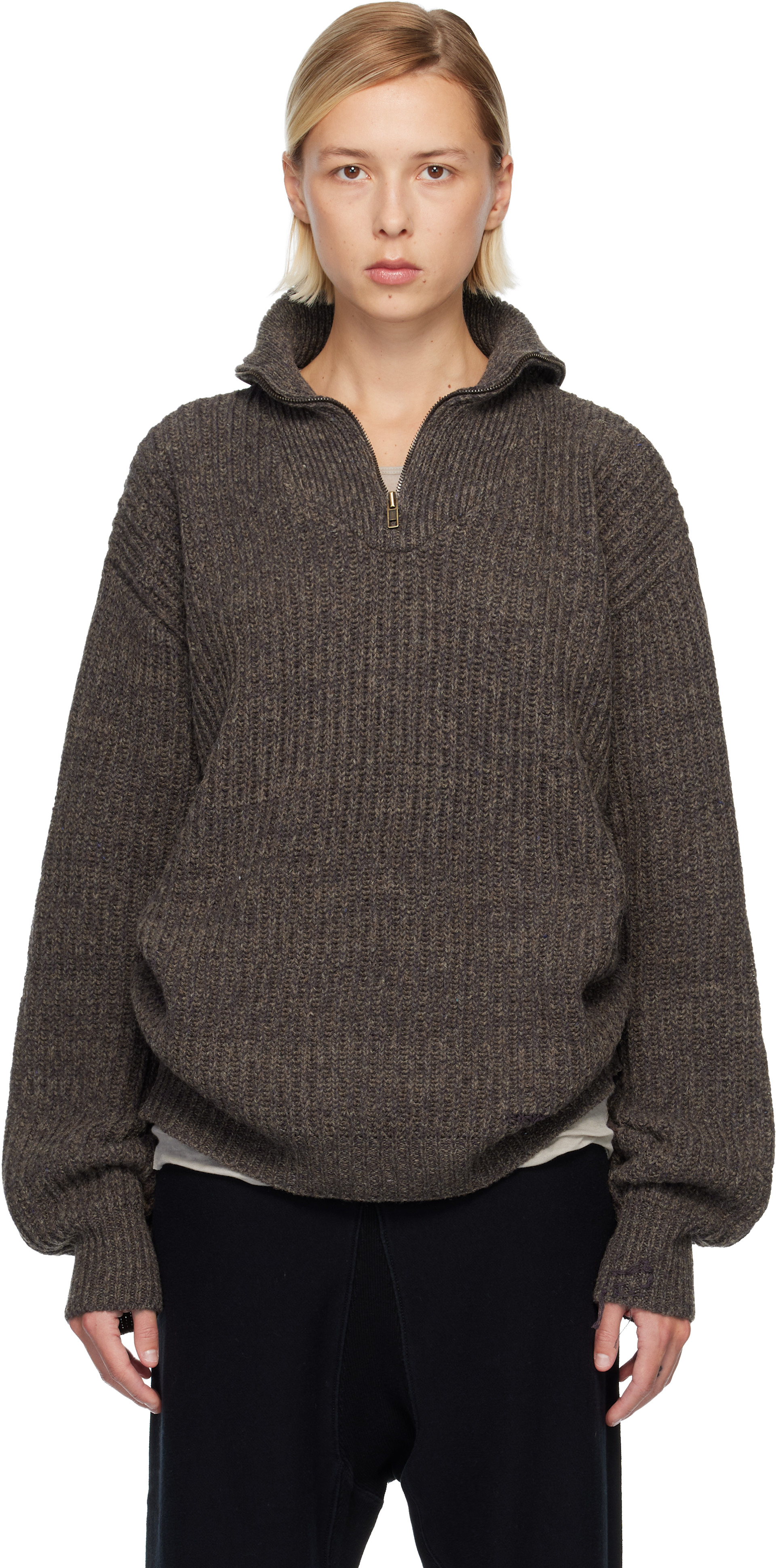 Maison Margiela: Brown Half-Zip Jacket | SSENSE Maison Margiela: Brown Half-Zip Jacket | SSENSE