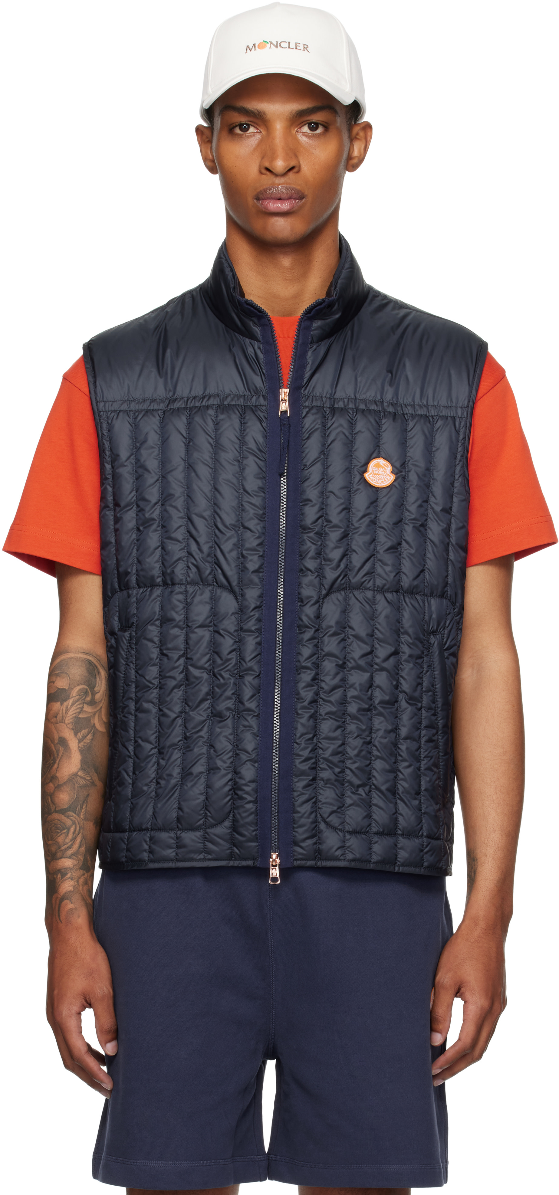 Moncler Genius: Moncler x Gilga Farm Navy Tangerine Down Vest | SSENSE