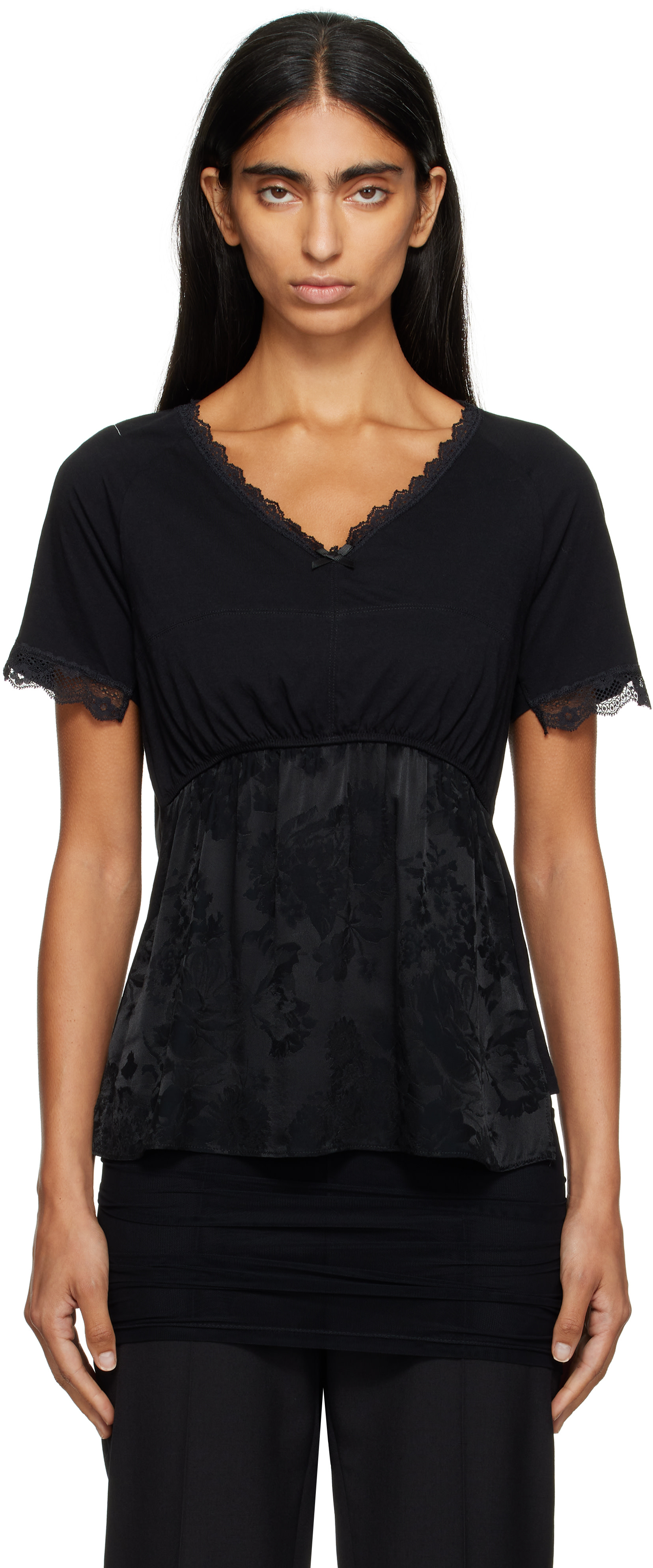 トップス Margiela MM6 Maison Margiela: Black Cotton Jersey & Lace T-shirt | SSENSE