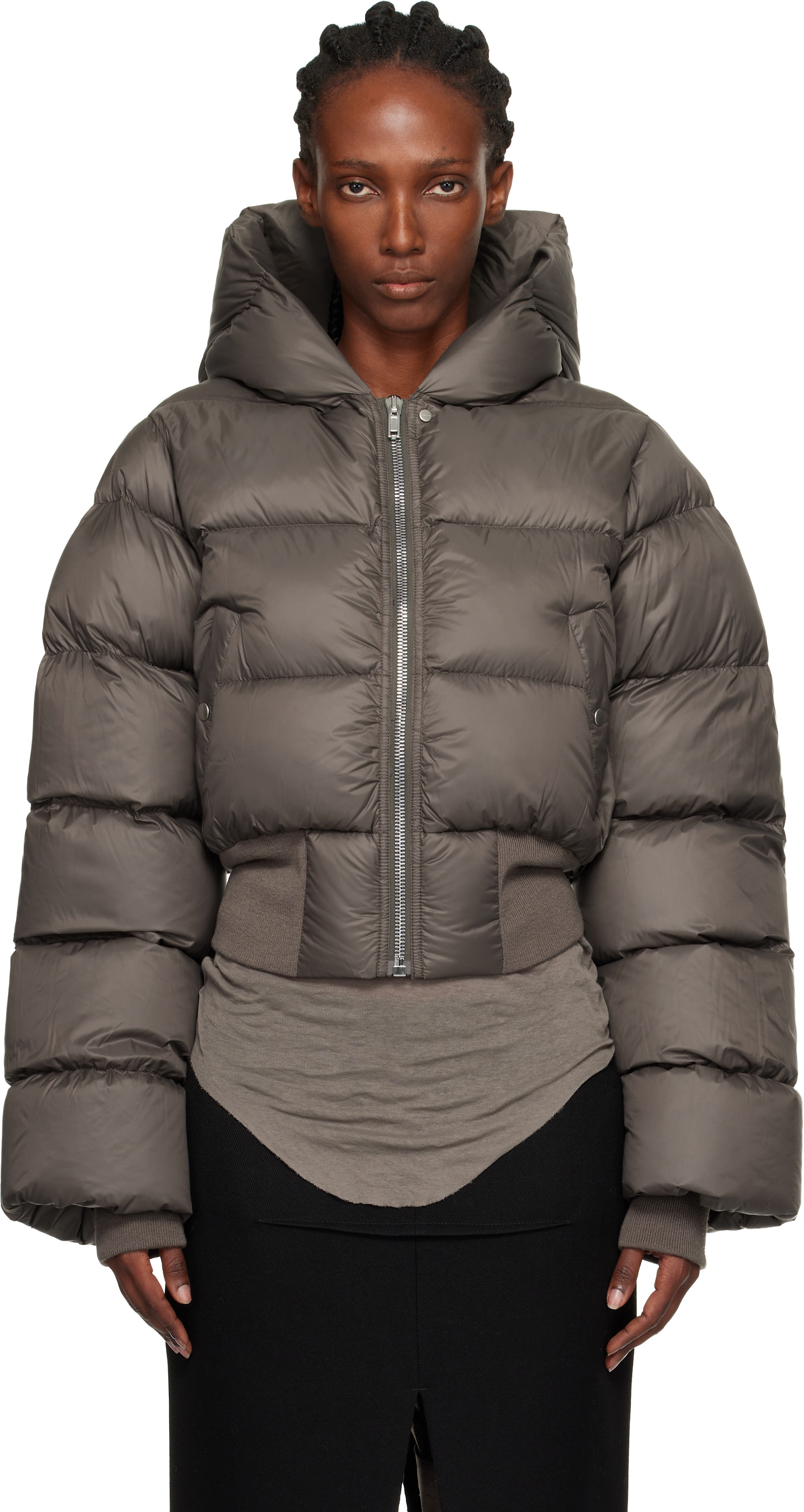 Rick Owens: Gray Concordians Hooded Down Jacket | SSENSE