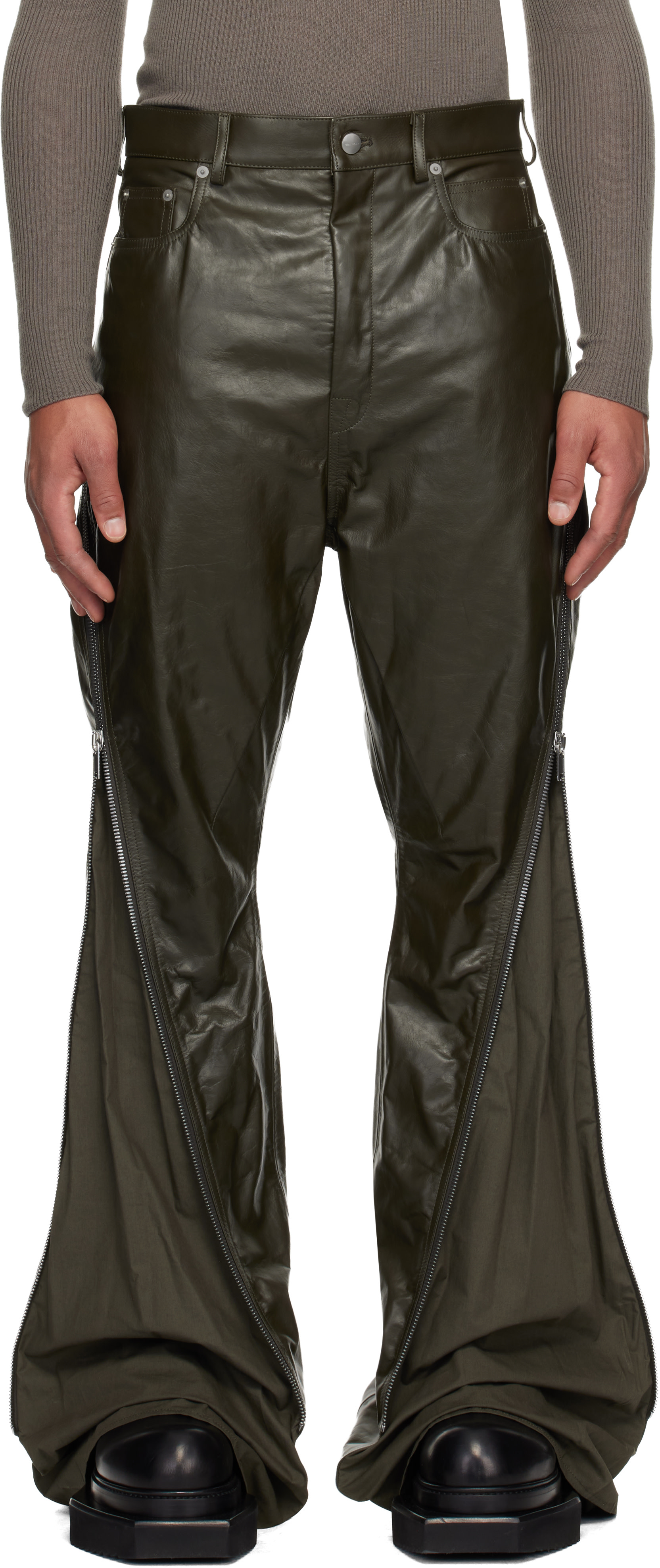 Khaki Concordians Bolan Banana Leather Pants by Rick Owens on Sale