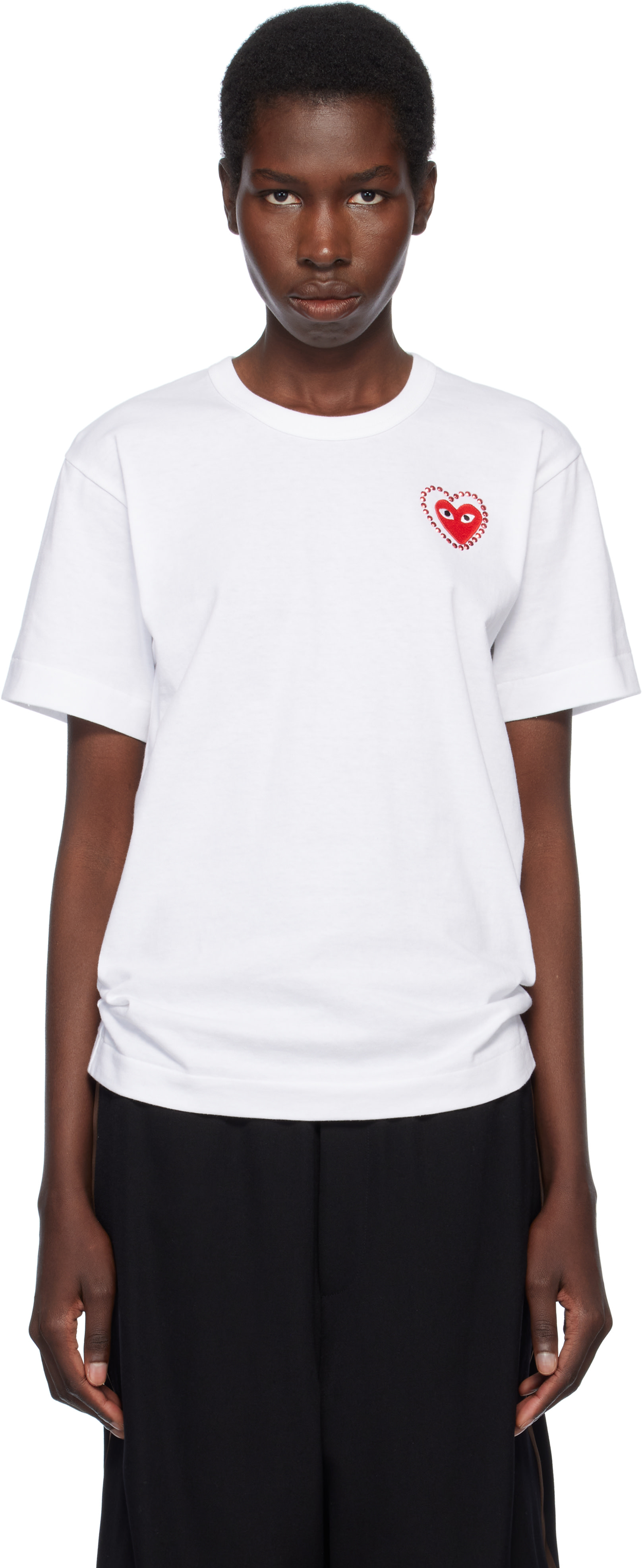 COMME des GARÇONS PLAY: White Metal Stone Emblem Red Heart T-shirt 