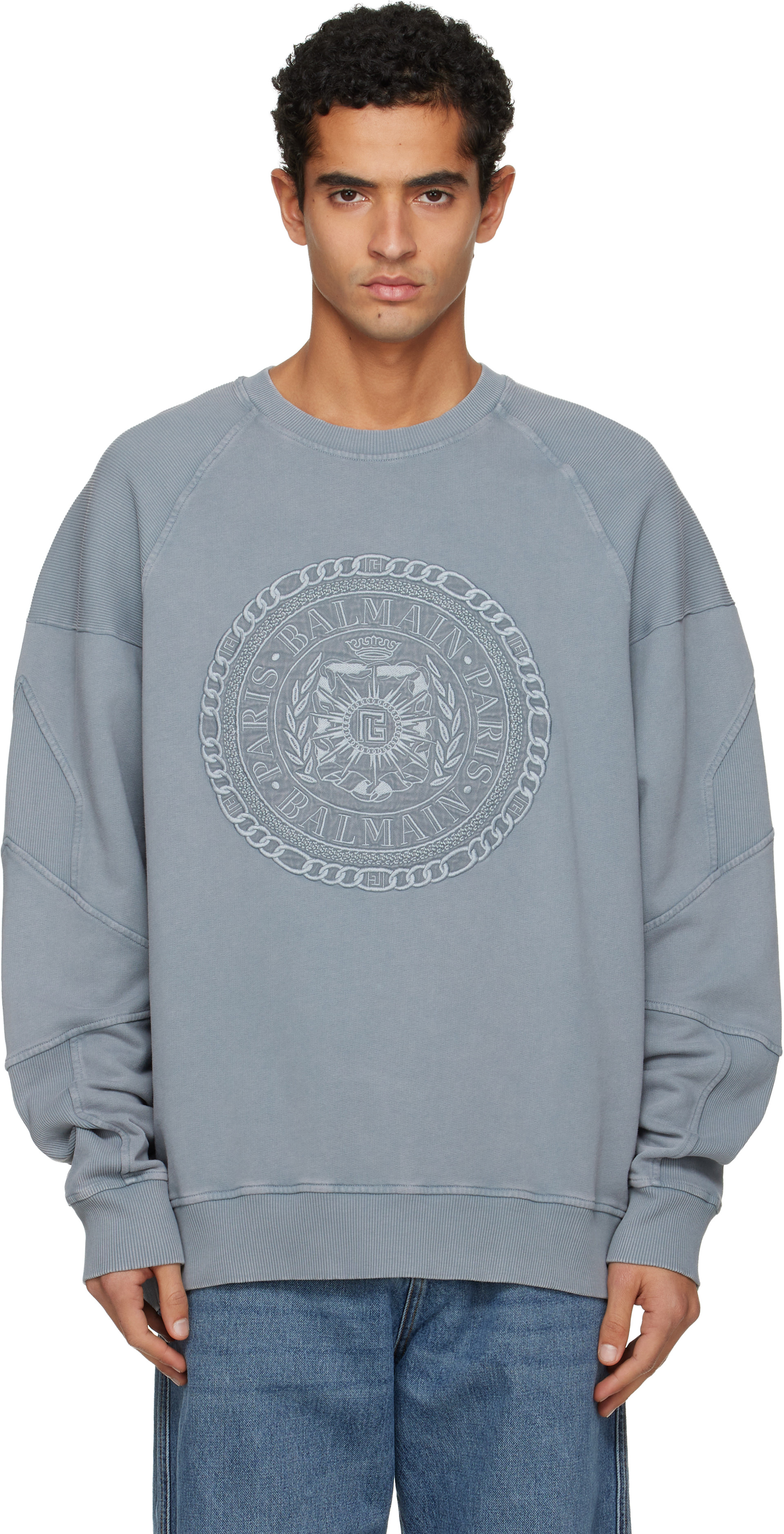 BALMAIN: Gray Embroidered 'Balmain' Médaille Sweatshirt | SSENSE