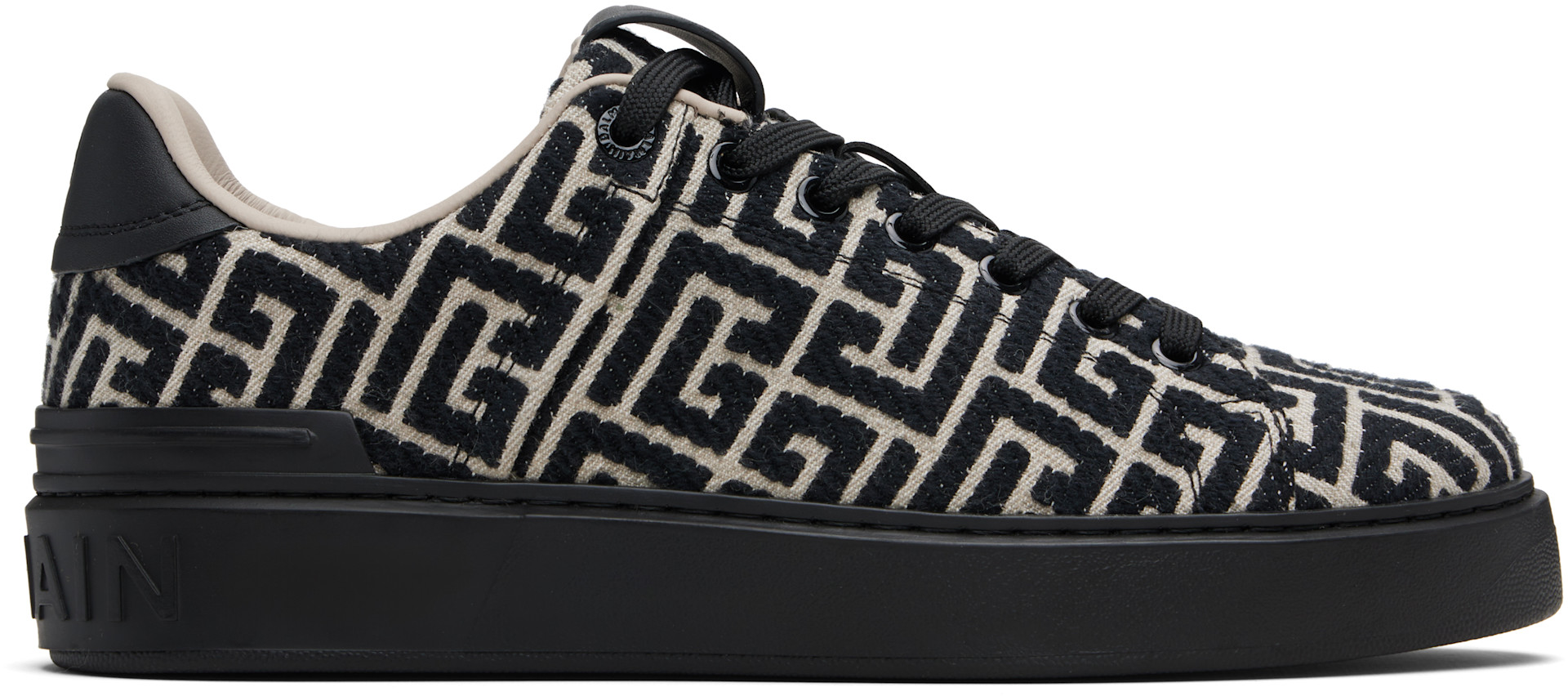 BALMAIN: Black B-Court Monogram Sneakers | SSENSE Balmain Men\'s Black Patterned Sneaker main image 0