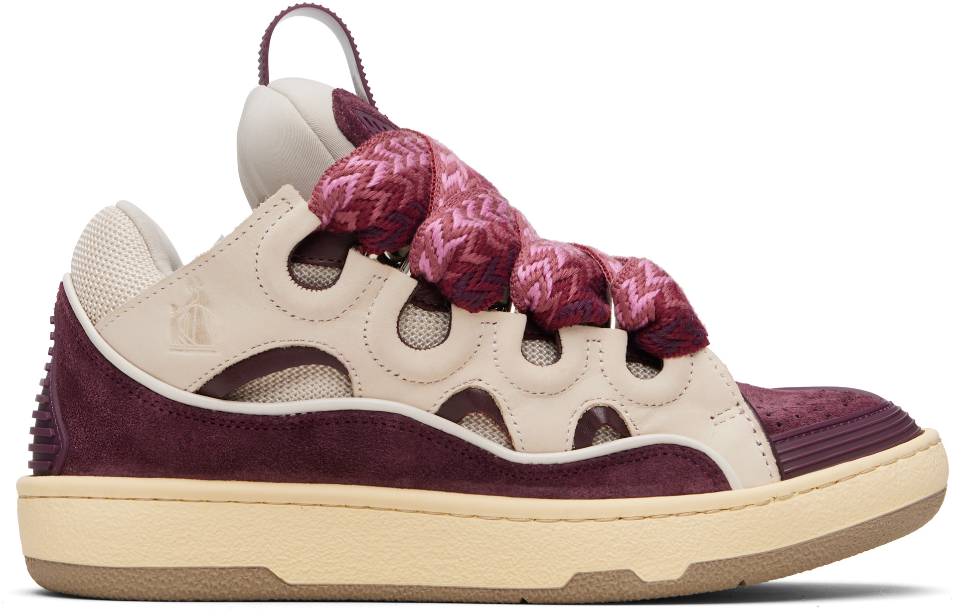 Lanvin: Burgundy & Beige Leather Curb Sneakers | SSENSE Puerto Rico
