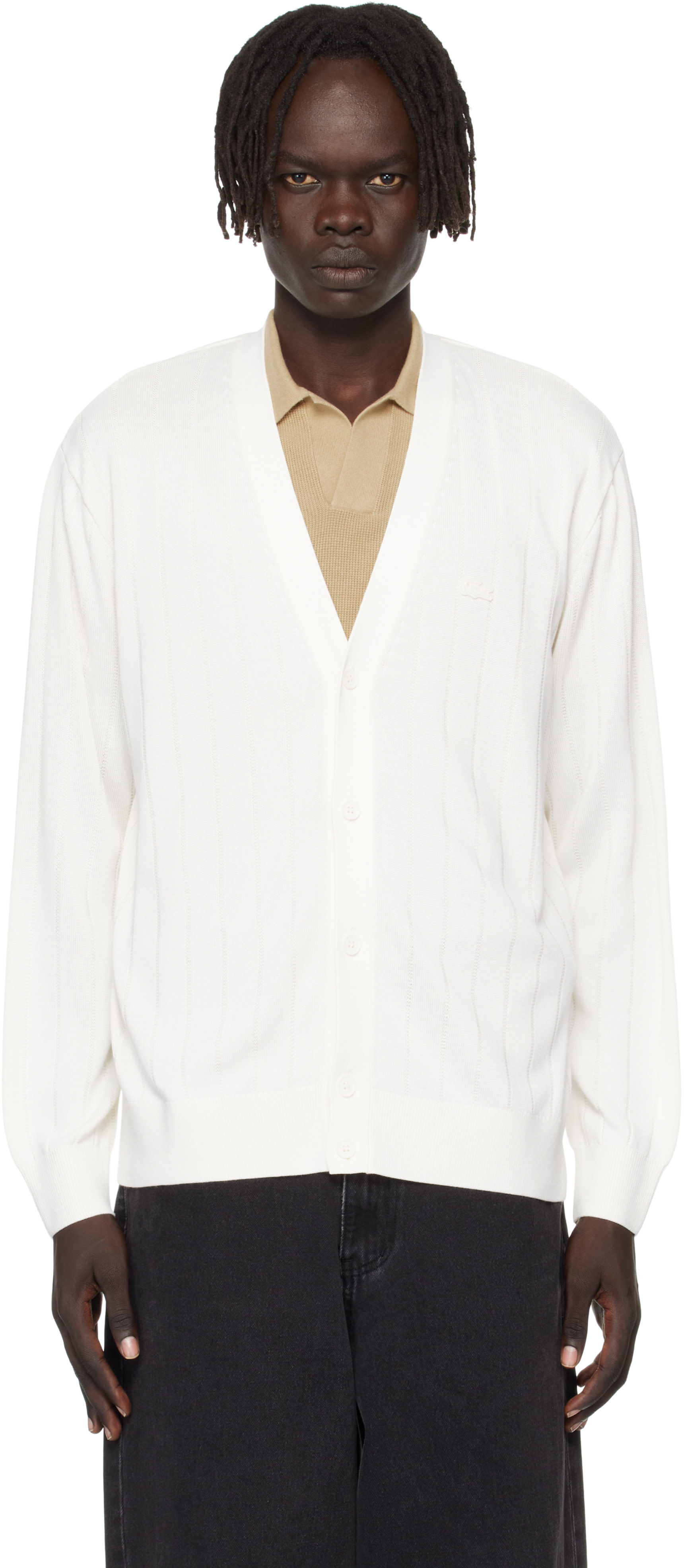 トップス Cotton long rib cardigan ECRU Lacoste: White Fluid Rib Knit Cardigan | SSENSE United Kingdom