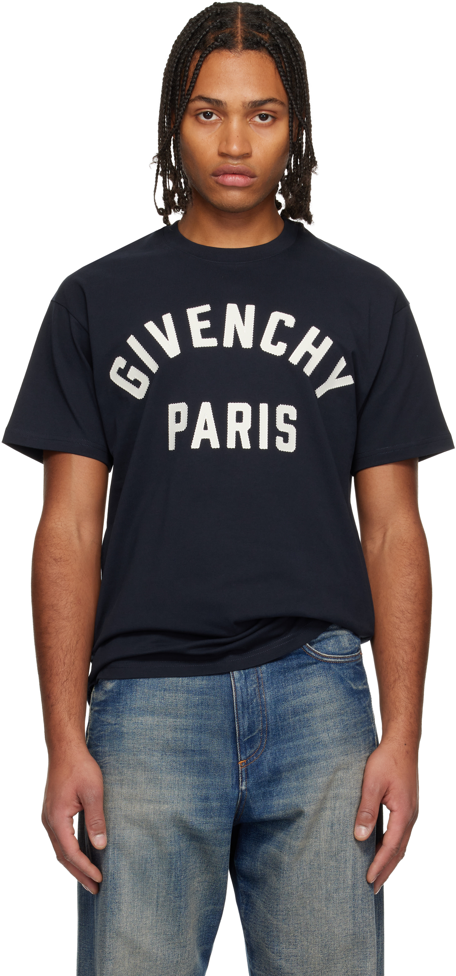 Givenchy: Navy 'Givenchy Paris' Embroidery T-shirt | SSENSE