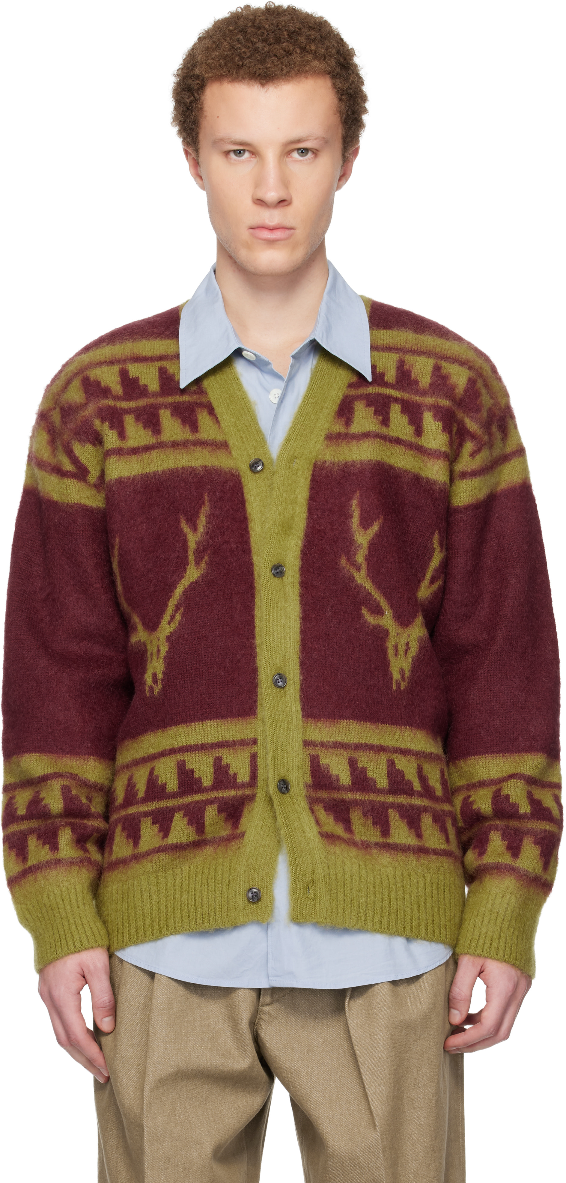South2 West8: Red & Green Mohair V-Neck Cardigan | SSENSE Canada
