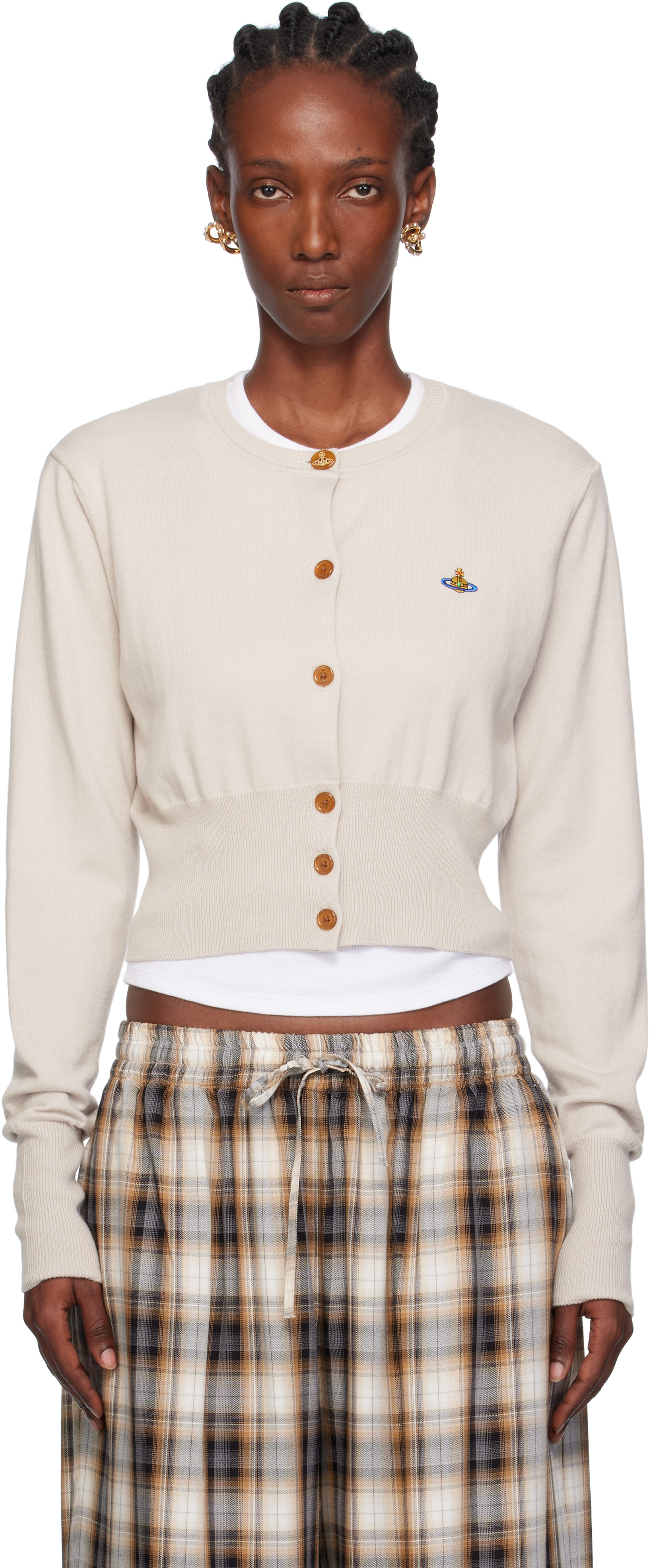 Vivienne Westwood リブニット ベージュ M オーブ刺繍 美品 Vivienne Westwood: Taupe Bea Cropped Cardigan | SSENSE