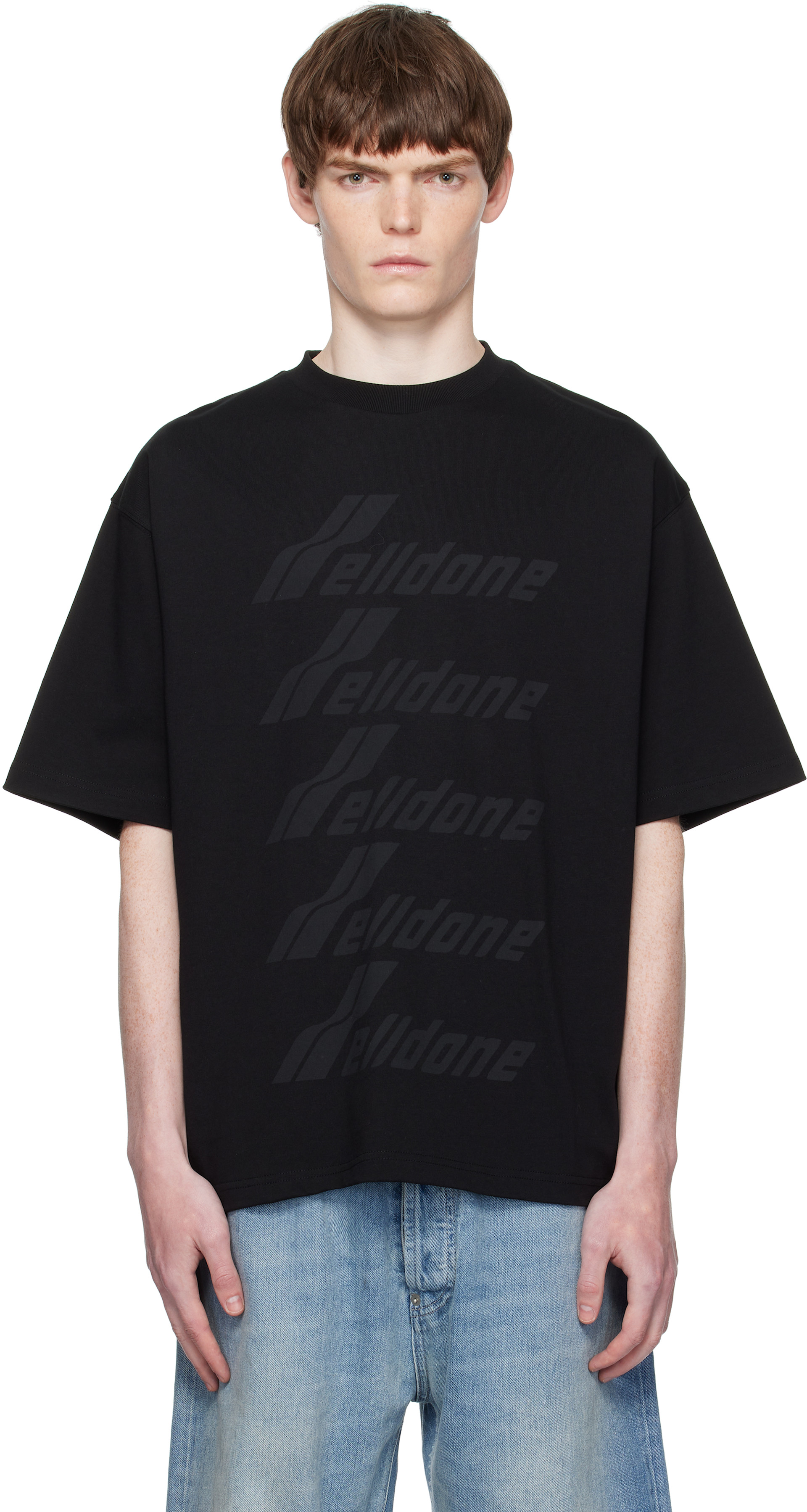 We11done: Black 'WELLDONE' Front Logo T-shirt | SSENSE