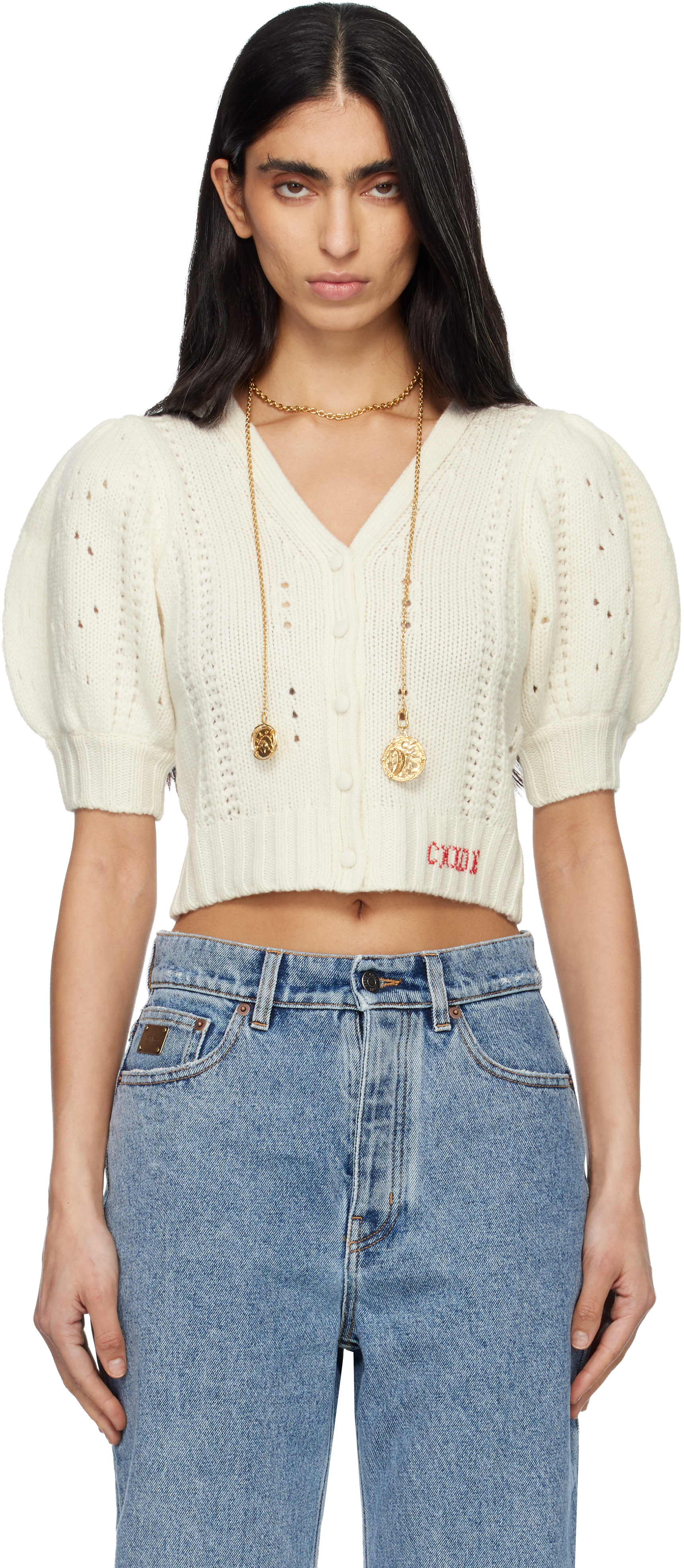 美品　 CHLOE　ぷっくりお袖カーディガン　M　お値下げ歓迎します Chloéのホワイト Puff-Sleeve ウール＆カシミヤ ニットカーディガンが
