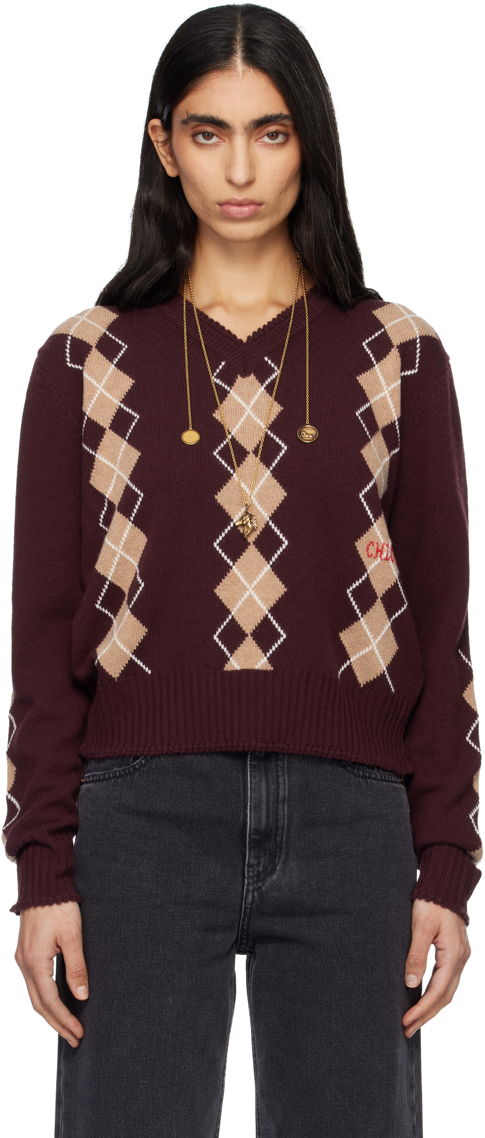 Chloé: Burgundy Argyle Knit Wool Sweater | SSENSE