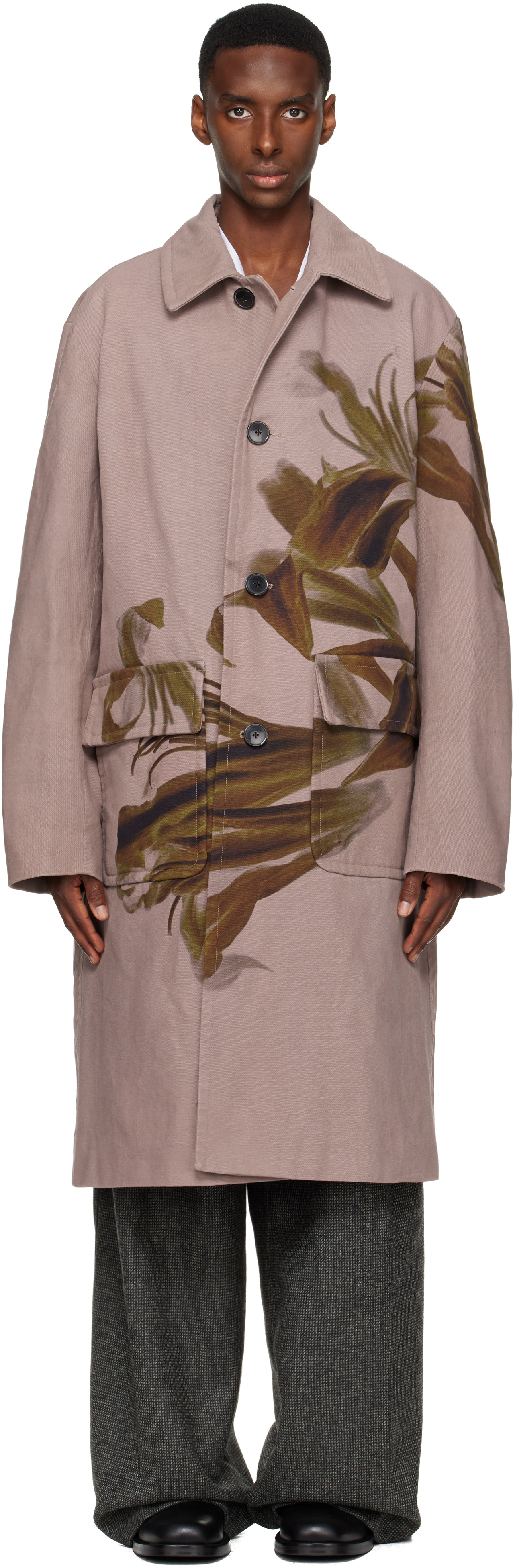 Dries Van Noten ハンドペイント風 ジャケット ポリエステル Dries Van Noten: Pink Floral Coat | SSENSE