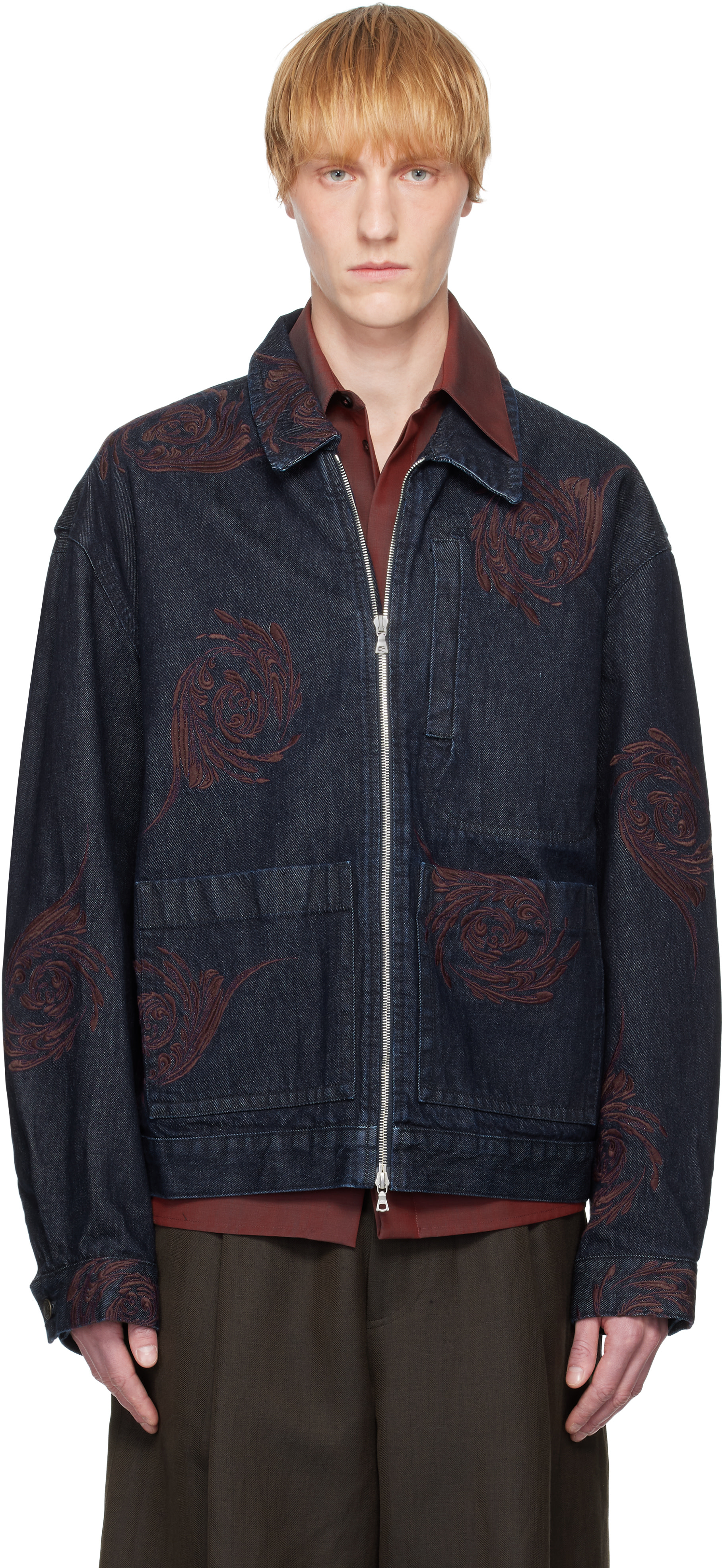 Dries Van Noten: Navy Embroidered Pattern Denim Jacket | SSENSE