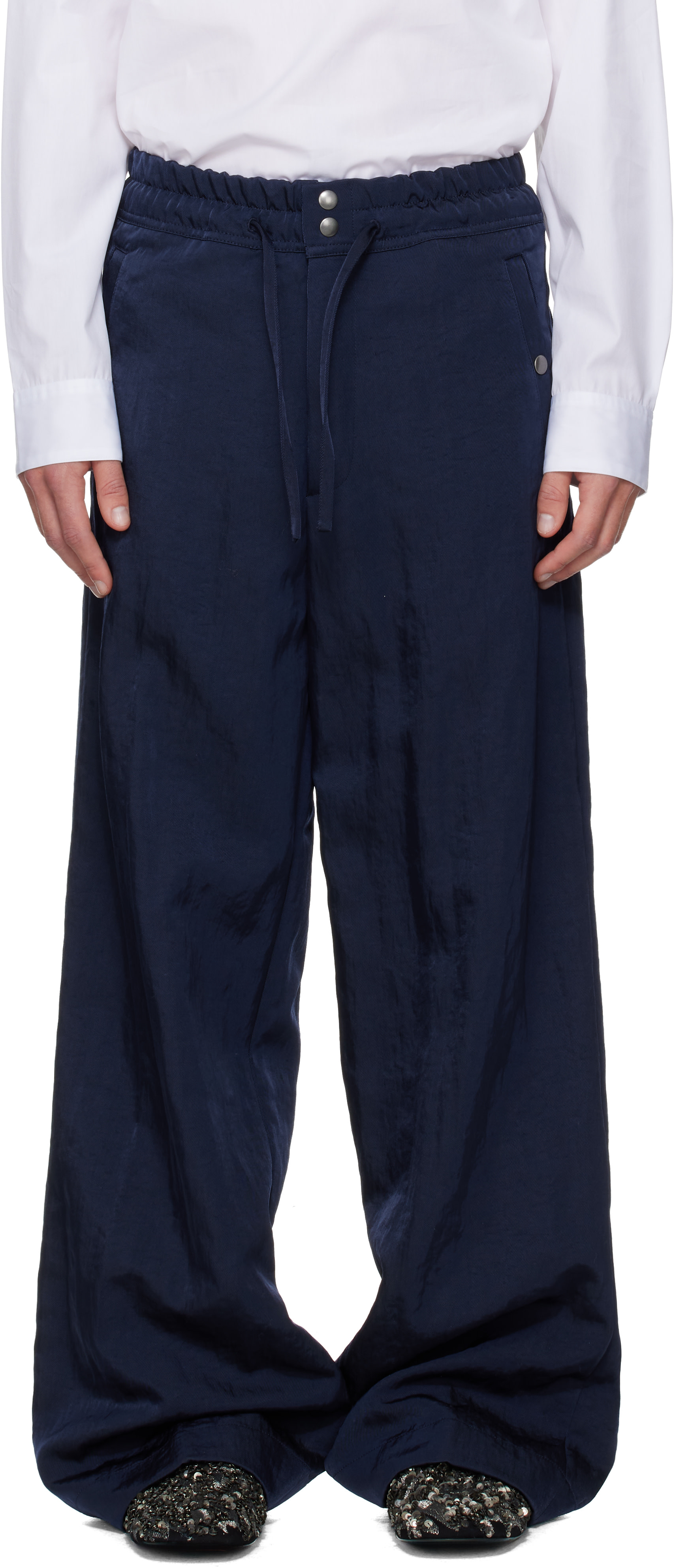 Dries Van Noten サイドライン ウール ツイル トラウザーズ M Dries Van Noten: ネイビー ツイル トラウザーズ | SSENSE 日本