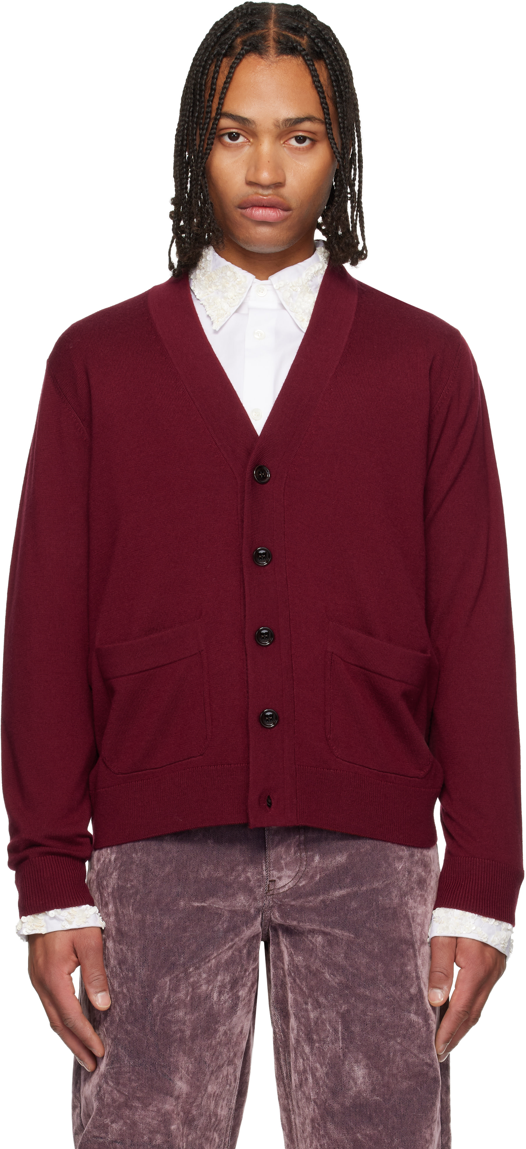 Burgundy Merino Wool Cardigan by Dries Van Noten on Sale
