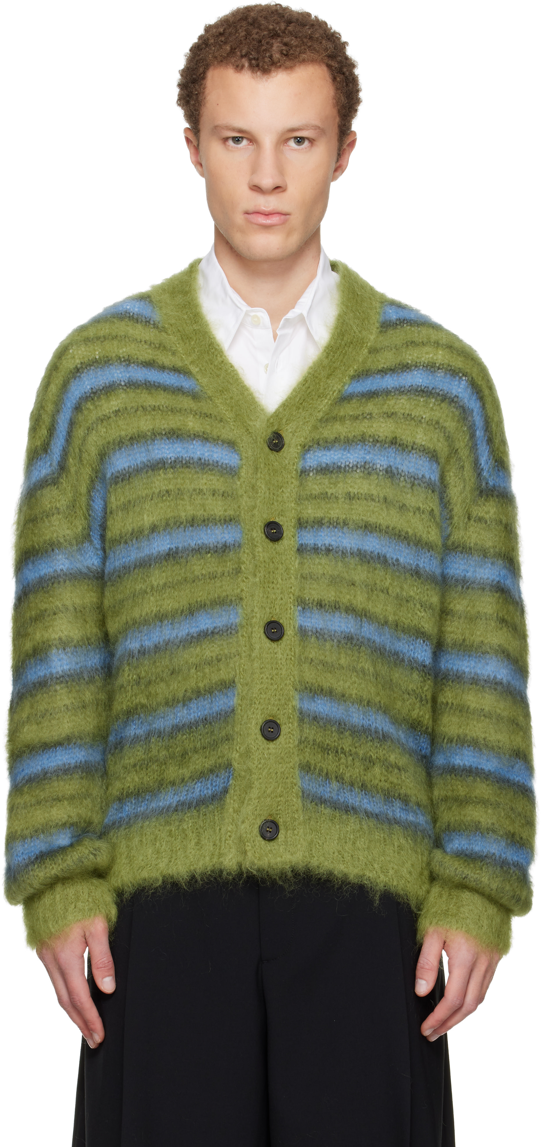 MARNI マルニ 23AW イタリア製 FUZZY WUZZY ブルーストライプトリムモヘヤジャンパー Vネックカレッジニット CVMD0108Q0 UFU108 38 BLUE セーター 定価138,600円 トップス【新古品】【中古】【MARNI】 MARNI - MARNI マルニ 23AW イタリア製 FUZZY WUZZY ブルーストライプ