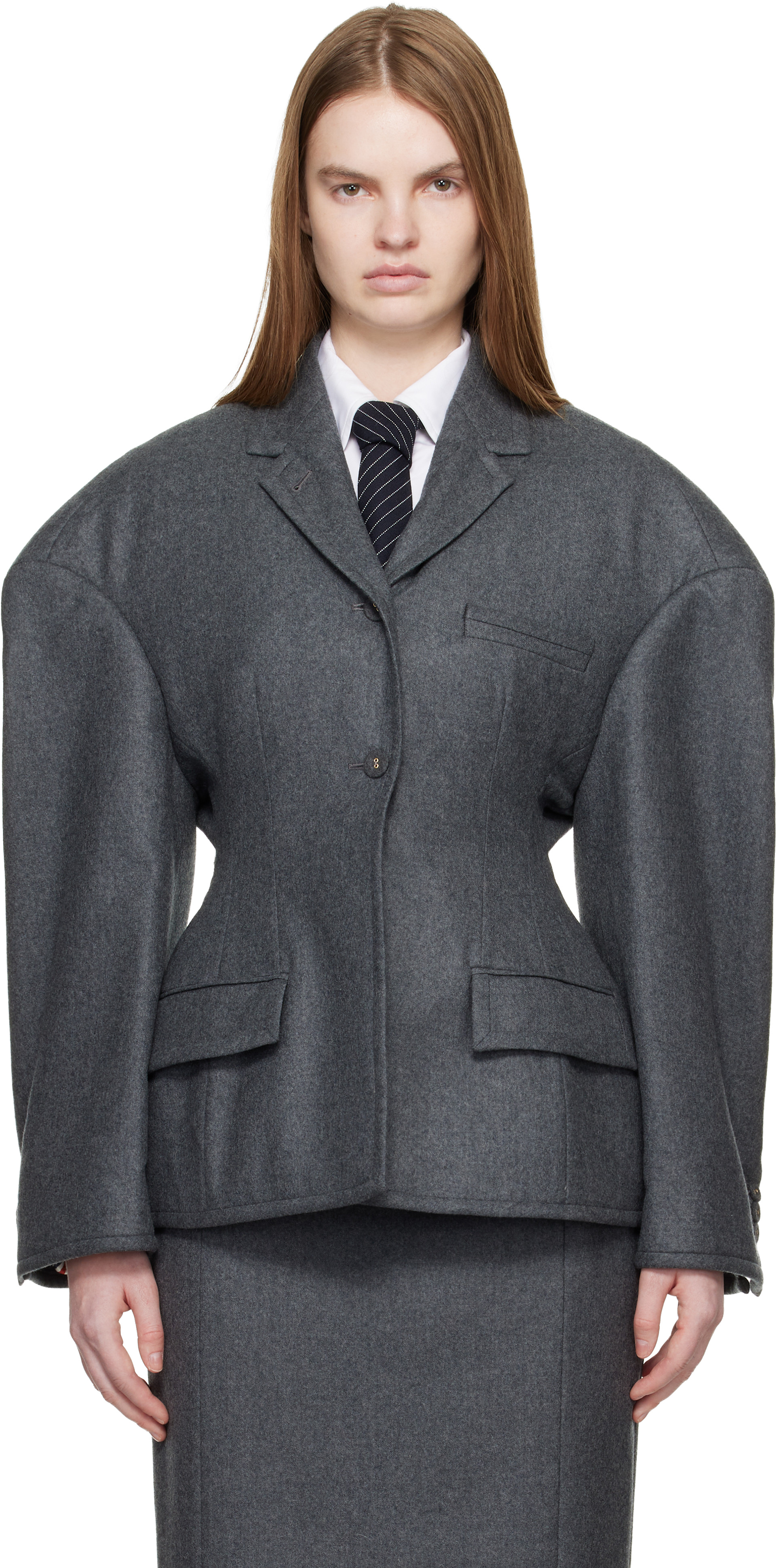 Thom Browne: Gray Nipped Waist Cocoon Blazer | SSENSE