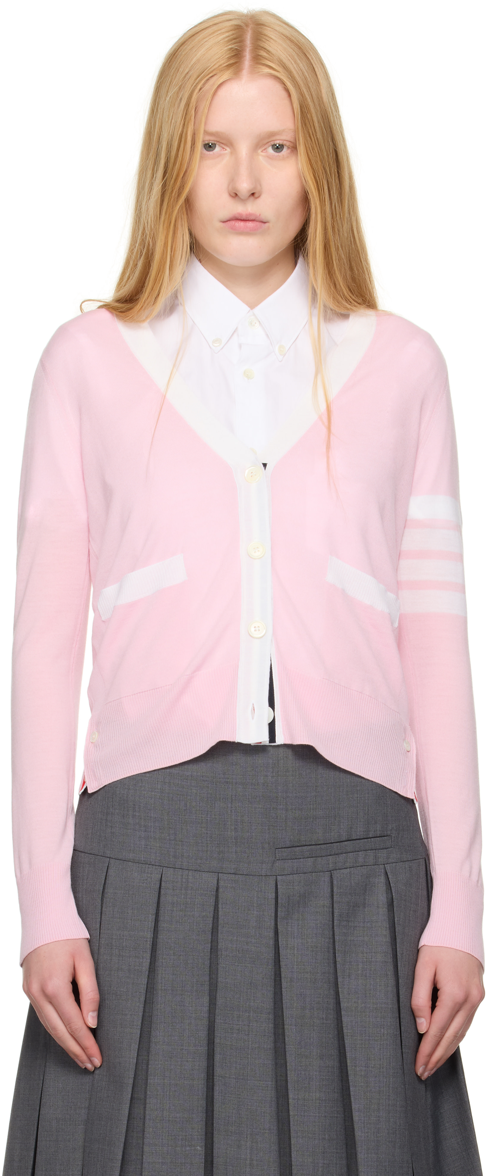 Thom Browne: Pink Wool 4-Bar Relaxed-Fit Cardigan | SSENSE