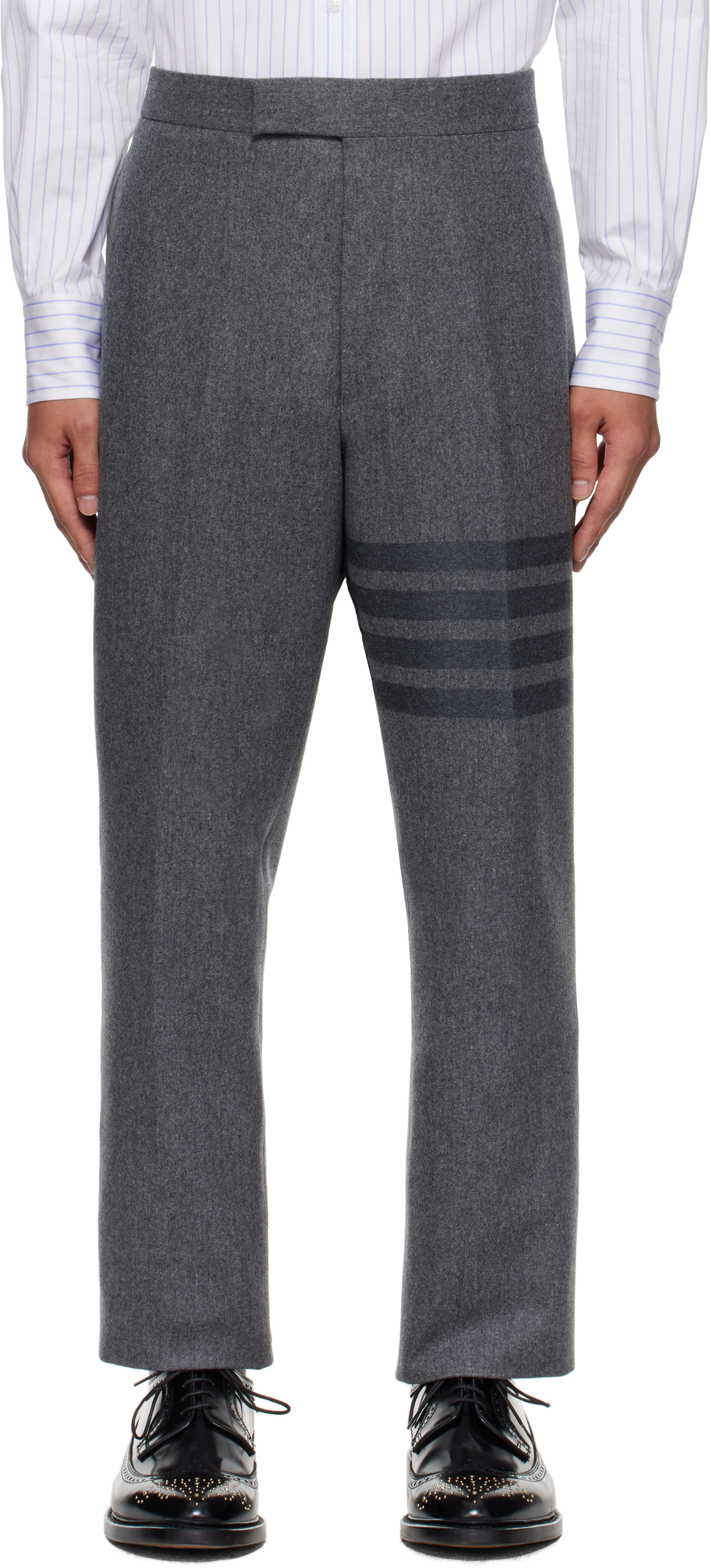 Thom Browne: Gray Plain Weave 4-Bar Trousers | SSENSE