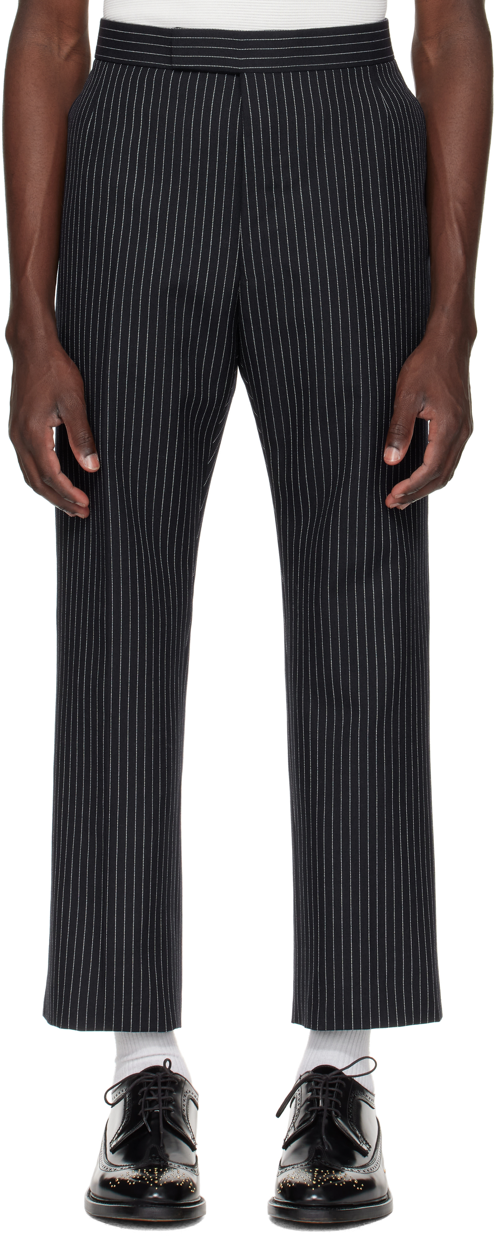 Thom Browne: Navy Pinstripe High Twist Wool Backstrap Trousers