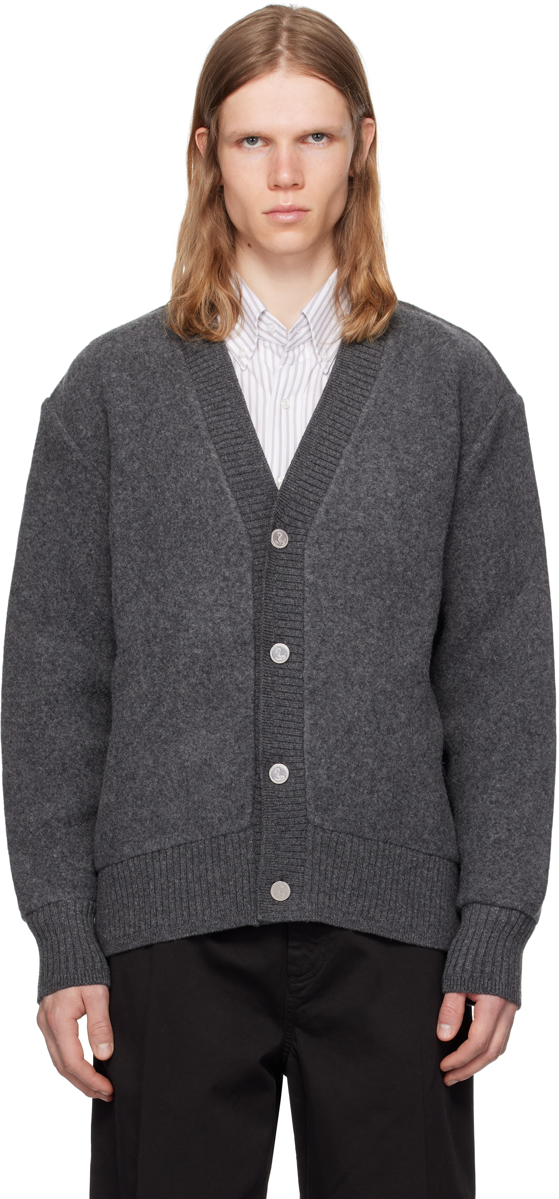 THOM BROWNE グレー カーディガン サイズ3 Thom Browne: Gray Wool Fleece Oversized V Neck Cardigan | SSENSE