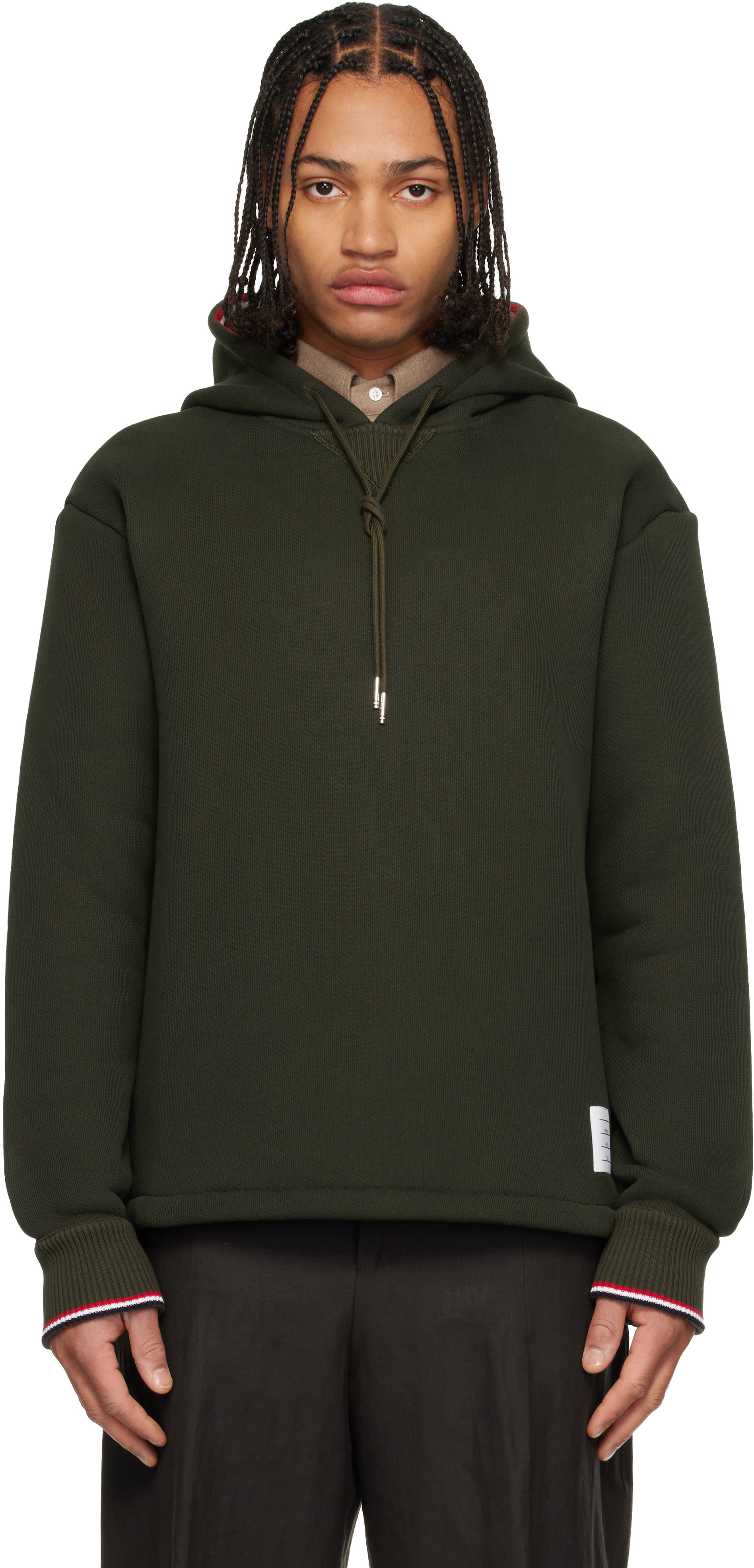 Thom Browne: Khaki Loopback Oversized RWB Stripe Hoodie | SSENSE