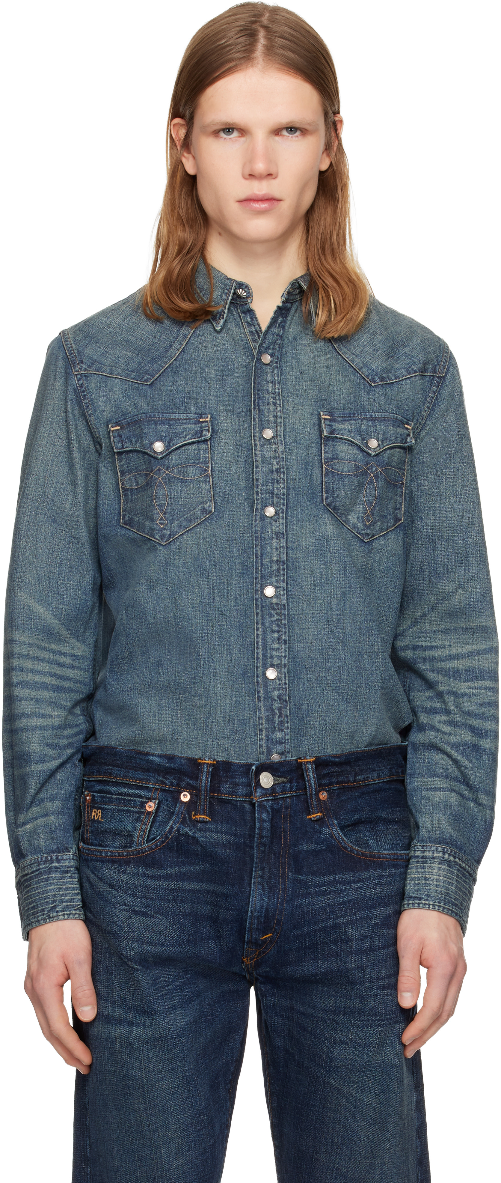 RRL: Blue Slim Fit Denim Western Shirt | SSENSE