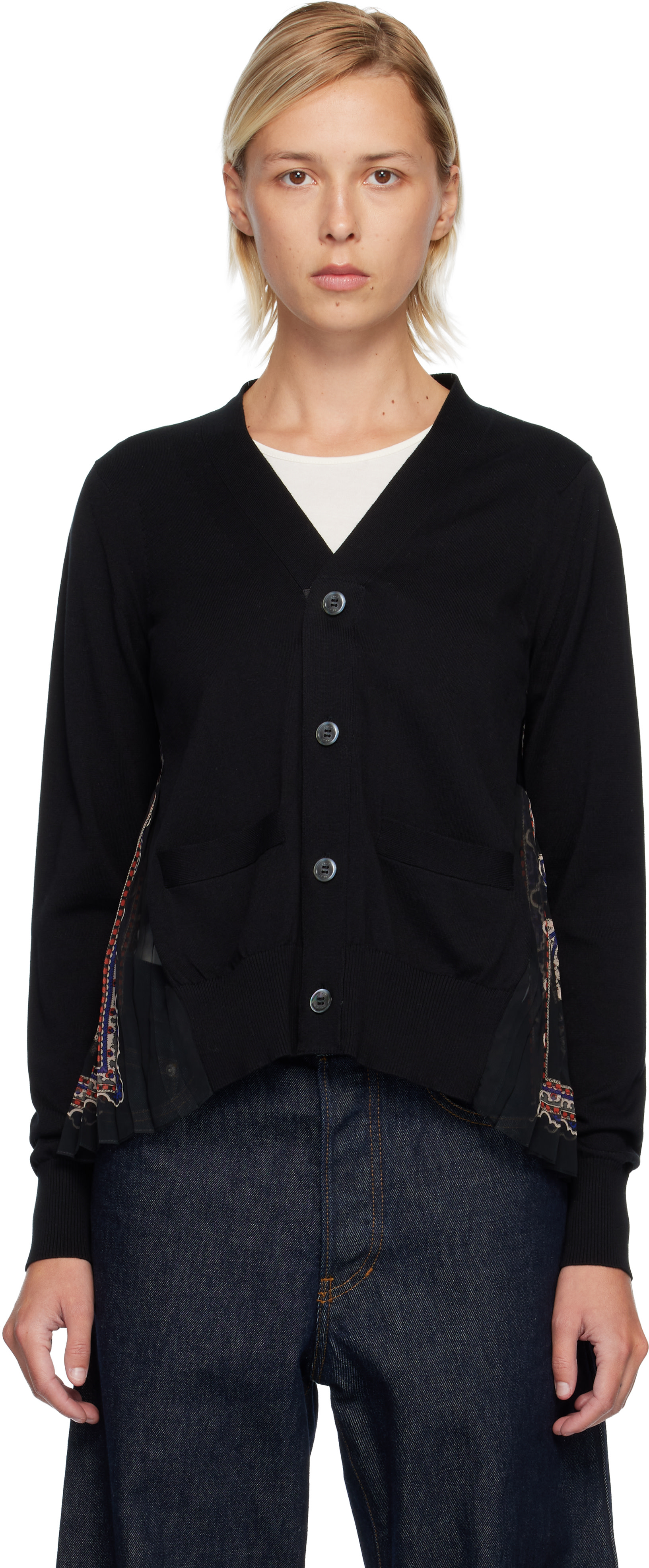 sacai: Black Paisley Print & Cotton Knit Cardigan | SSENSE Canada