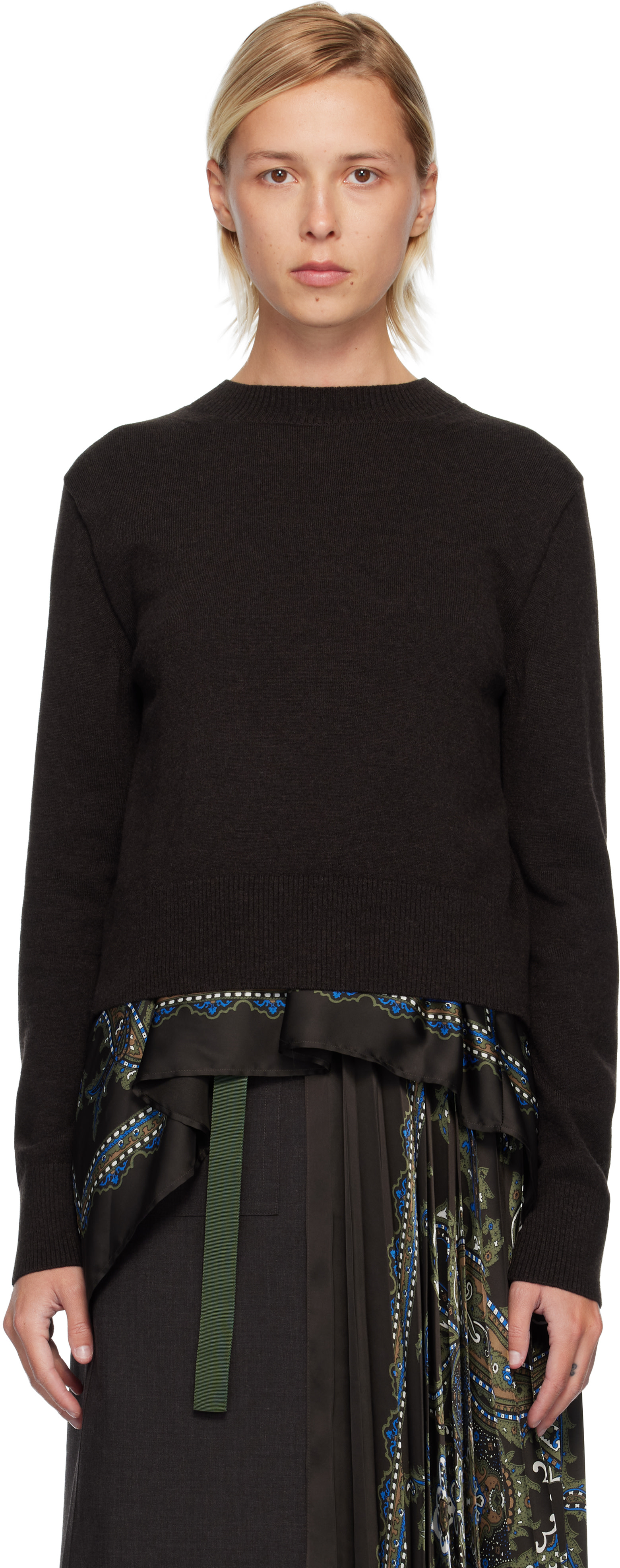 sacai: Brown Paisley Print & Wool Knit Sweater | SSENSE